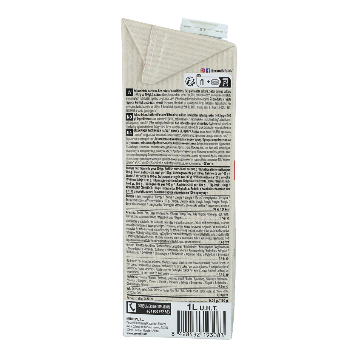 Pack 6x Bebida vegetal de Coco Classic Nature BIO Ecomil 1 L