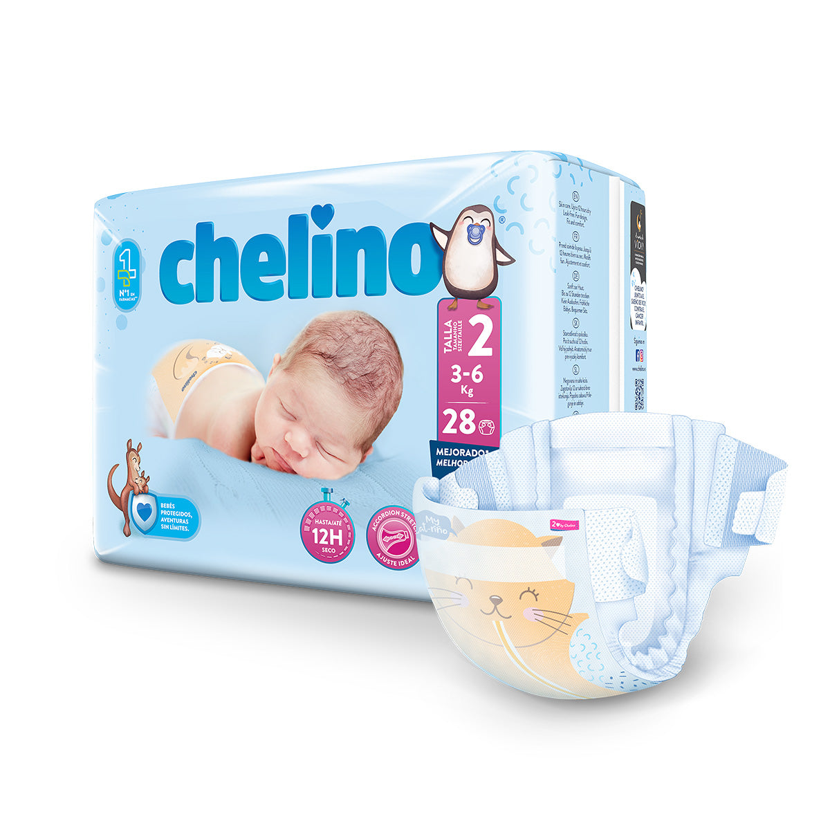 Pack 6 x Pañal T2 Recién Nacido (3-6Kg) 28 uds, Chelino
