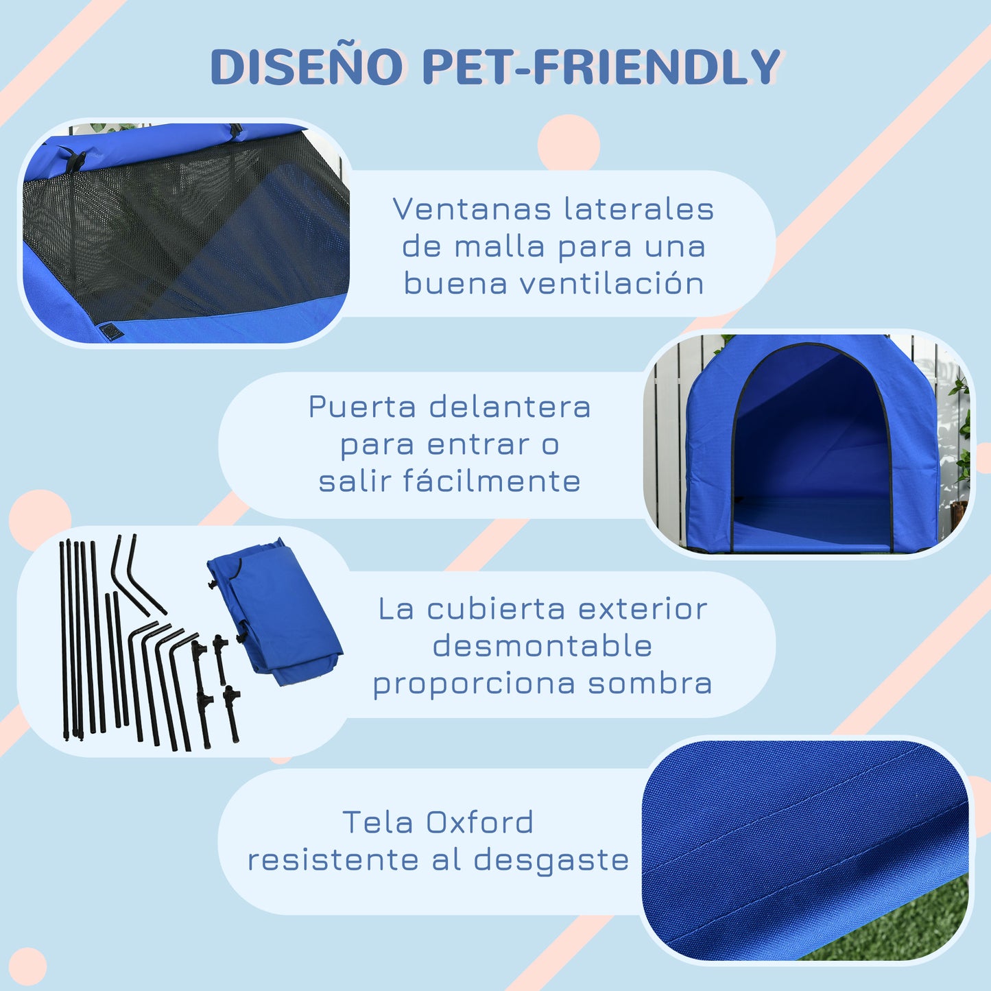 Pawhut Caseta Para Perros 110x76x110 Cm Con Cubierta Desmontable Y Ventanas Azul_5