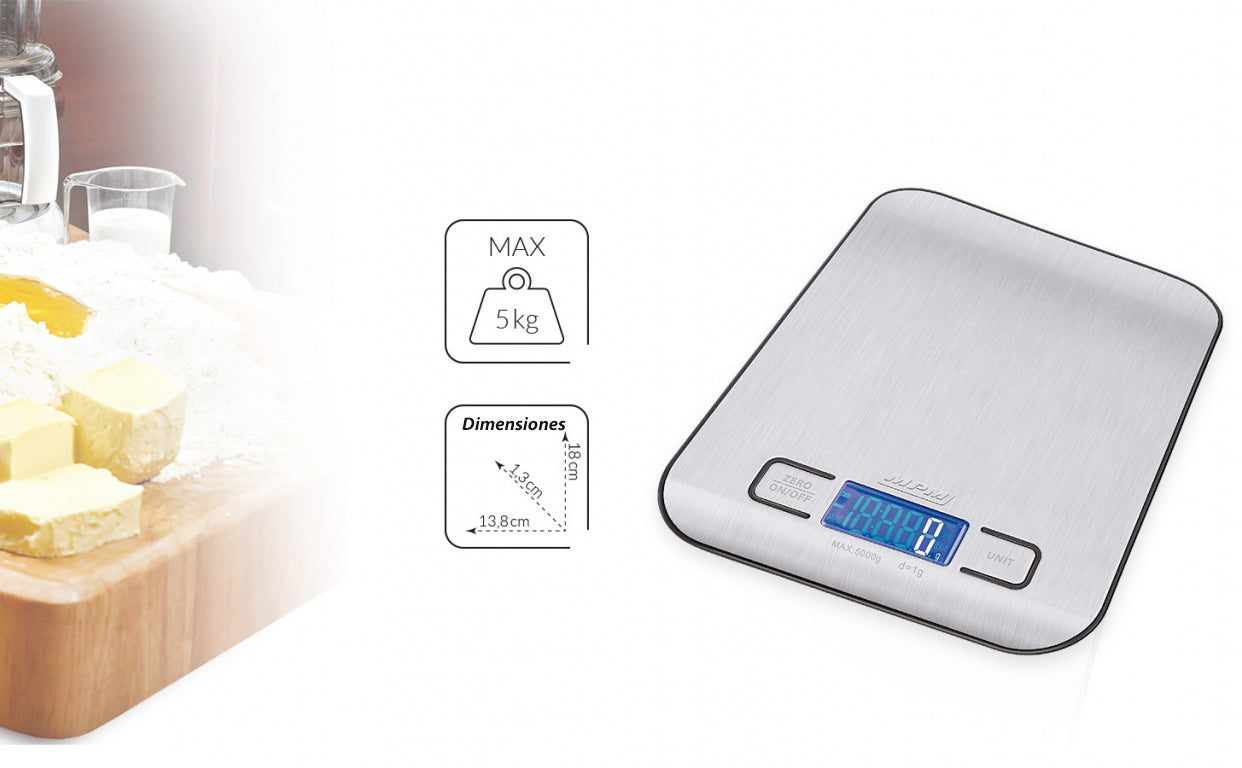 Báscula De Cocina Digital Extraplana, Acero Inox., Precisión 1gr, Hasta 5 Kg, Función Tara Mpm Mwk-02m Plata