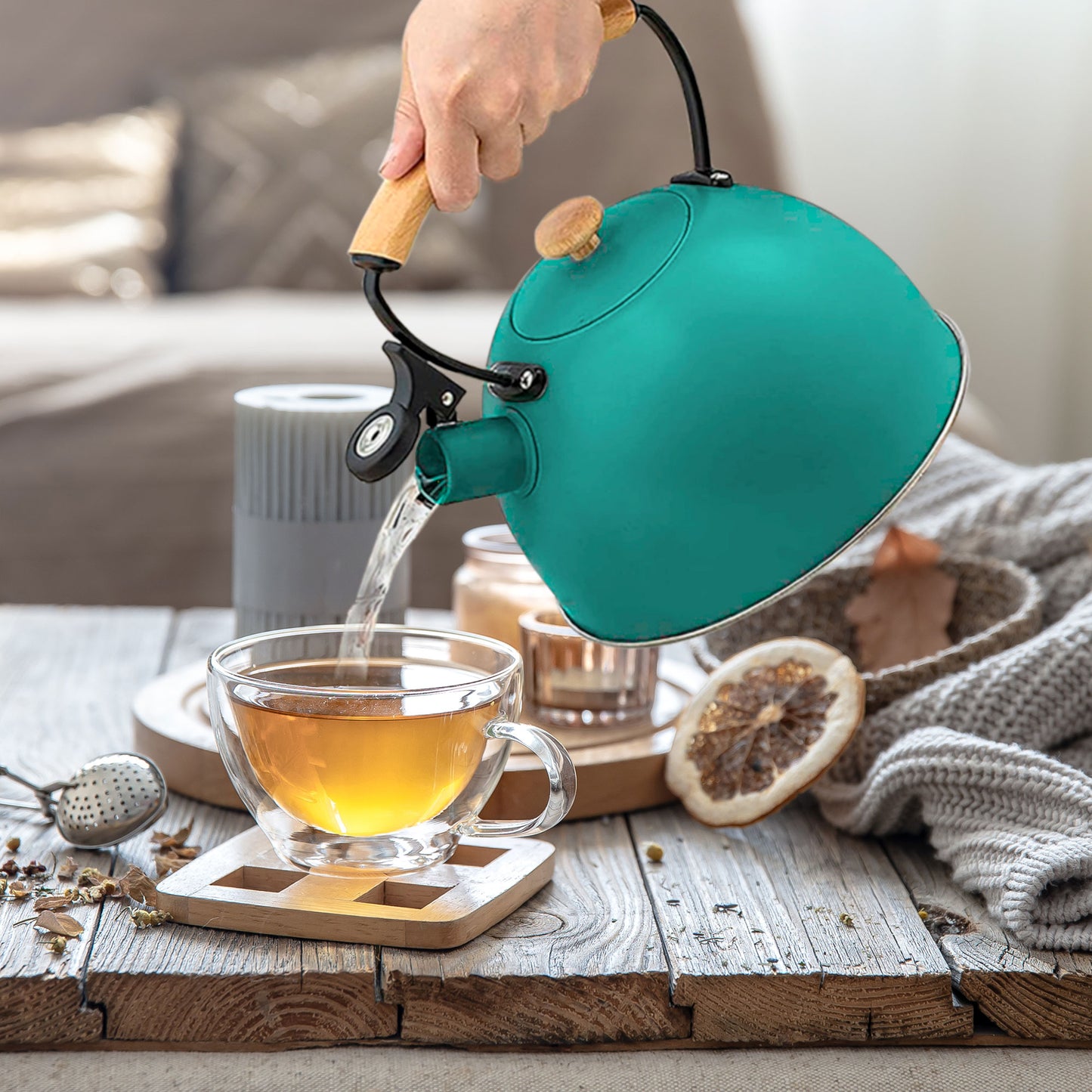 Tetera Con Silbato, Hervidor De Agua 2,5l, Inducción, Acero Inox, Vintage, Mango Madera, Briebe, Nordic, Verde