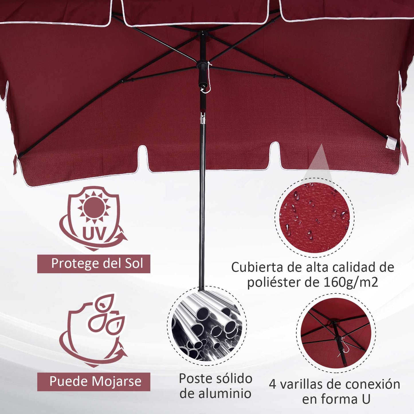 Outsunny Sombrilla De Jardín De Aluminio 2x1,3x2,5 M Rojo Vino_5