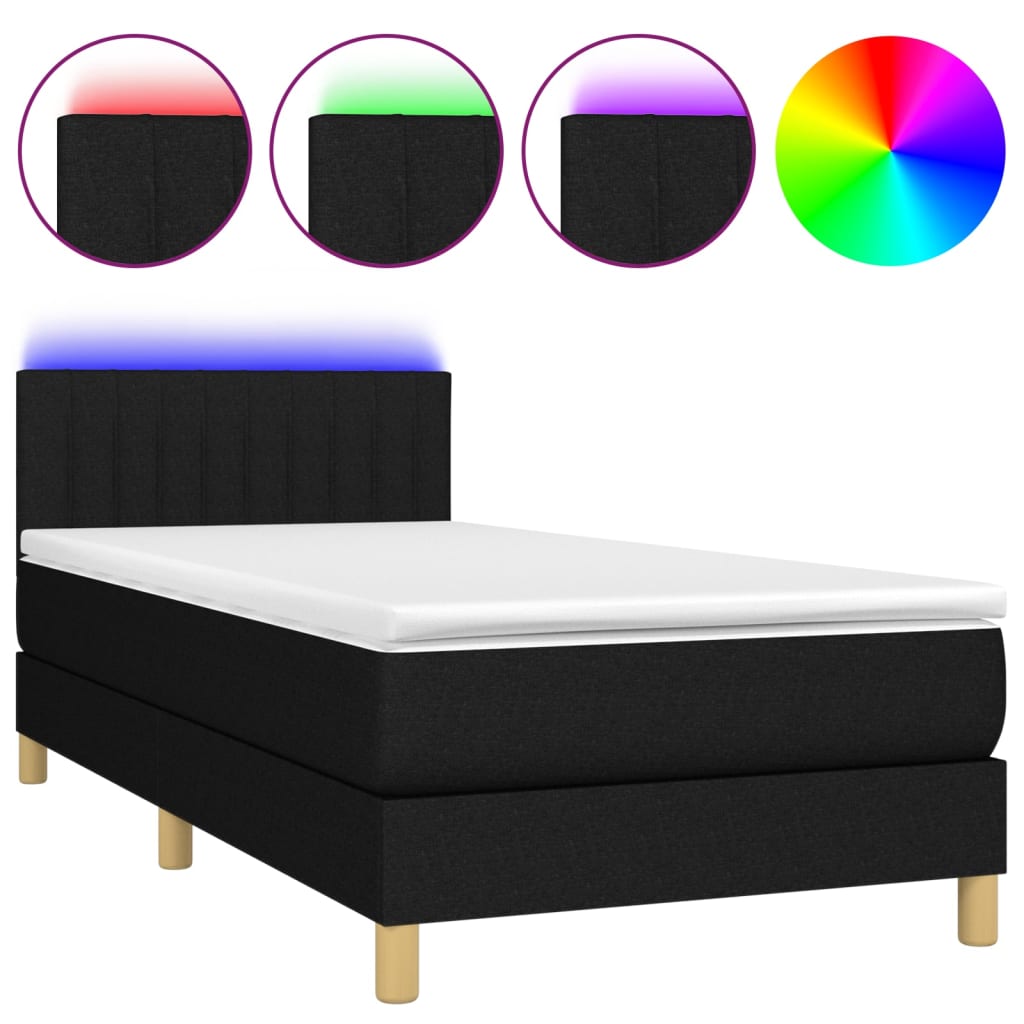 Cama Box Spring Con Colchón Y Led Tela Negro 90x190 Cm / Vetonek_5