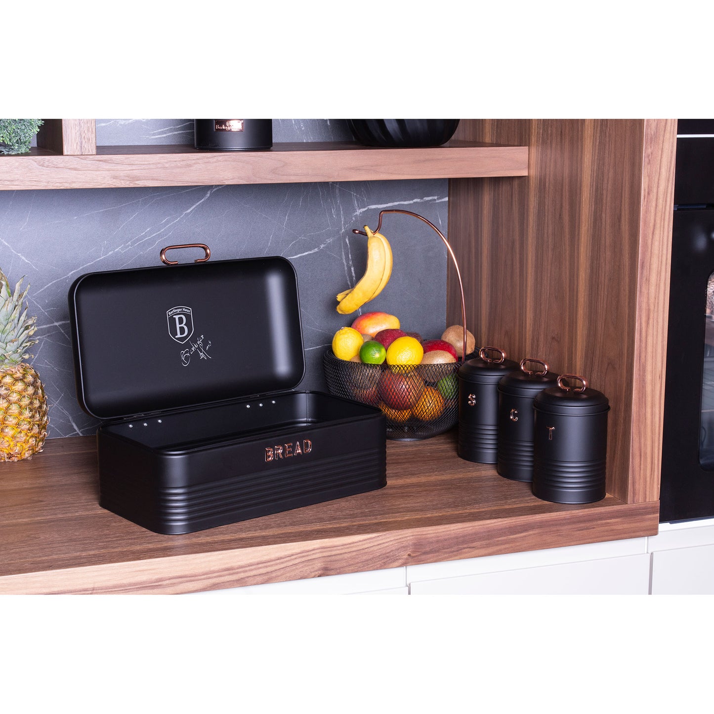 Panera De Mesa +juego 3 Botes Cocina Almacenaje Acero Inoxidable Contenedor De Pan Con Tapa Berlinger Haus Black Rose, Oro Rosado/negro