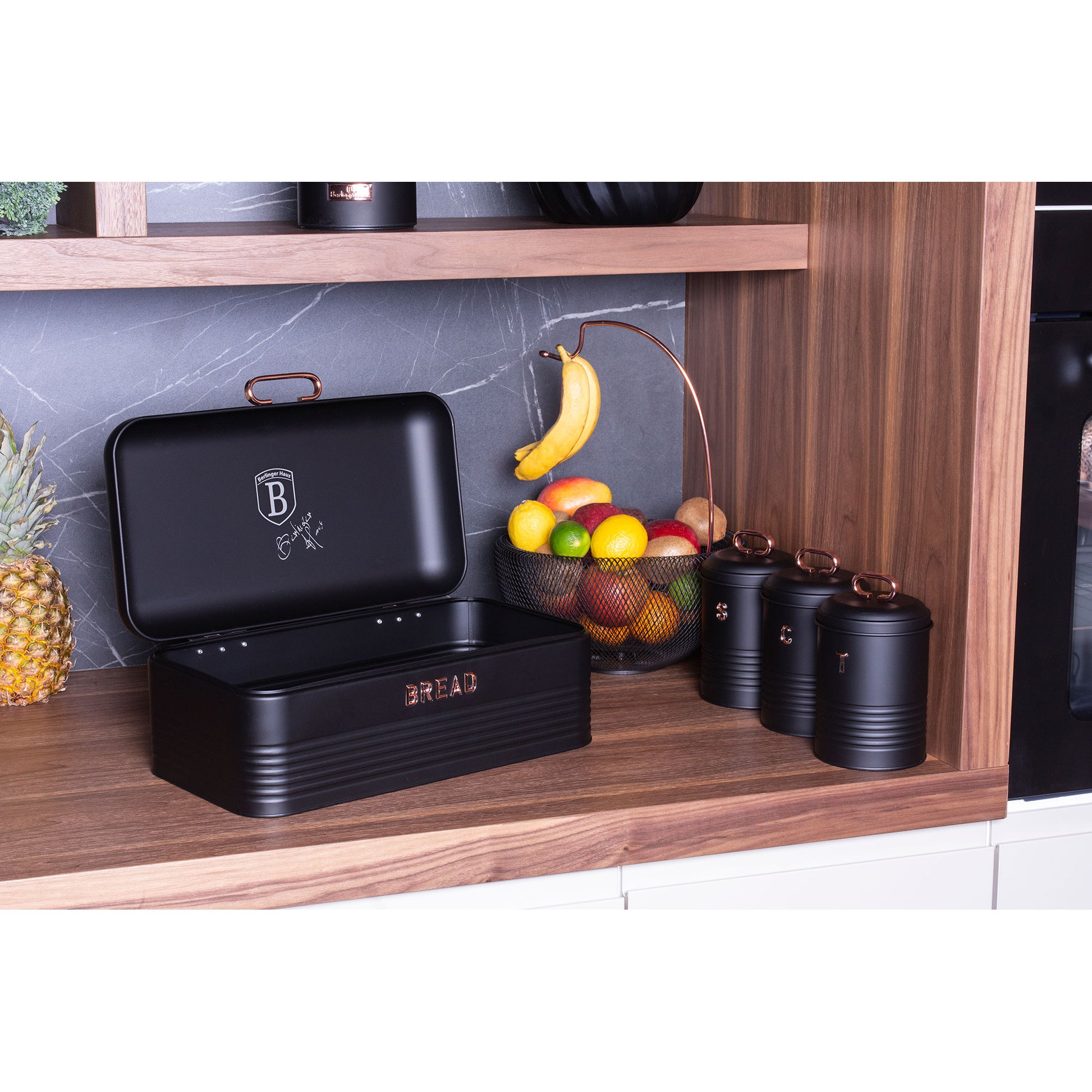 Panera De Mesa +juego 3 Botes Cocina Almacenaje Acero Inoxidable Contenedor De Pan Con Tapa Berlinger Haus Black Rose, Oro Rosado/negro