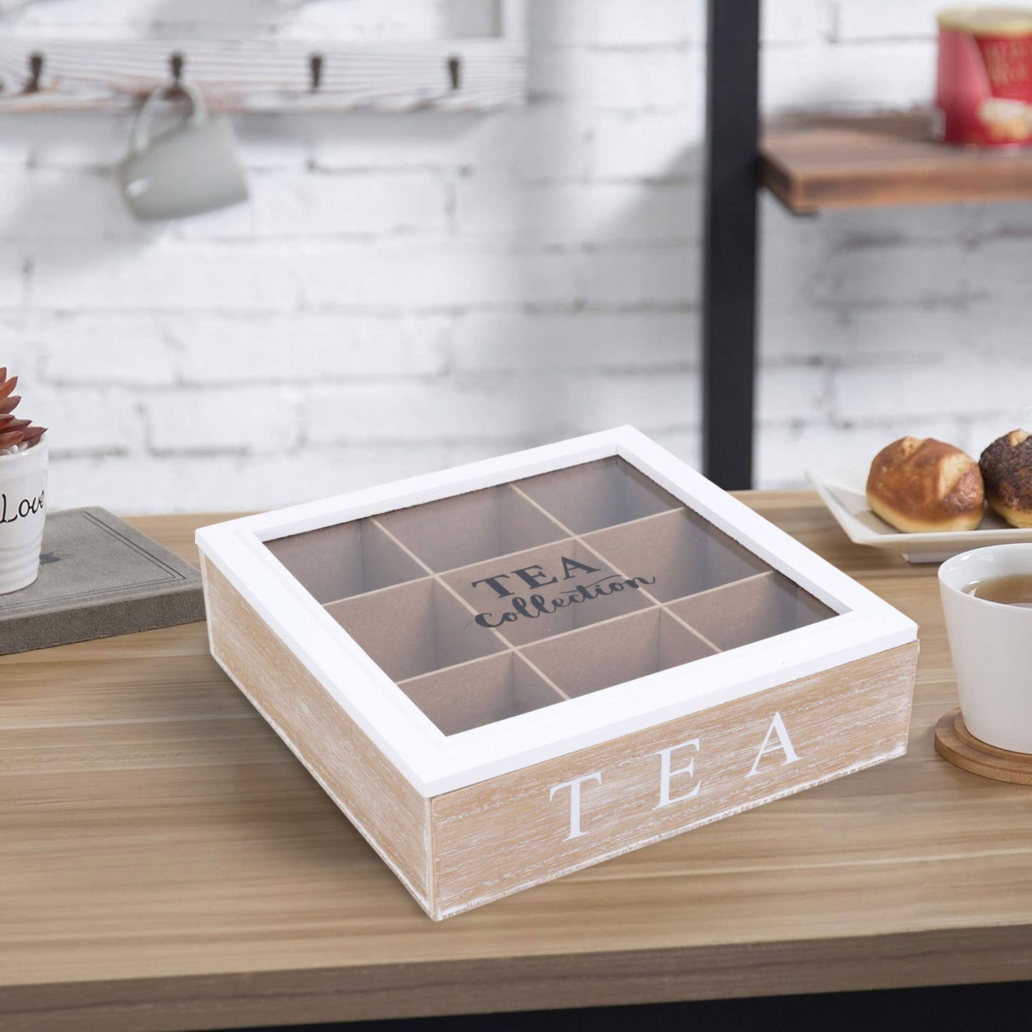 Well Home Caja De Té De 9 Compartimentos Con Tapa De Vidrio En Mdf Blanco