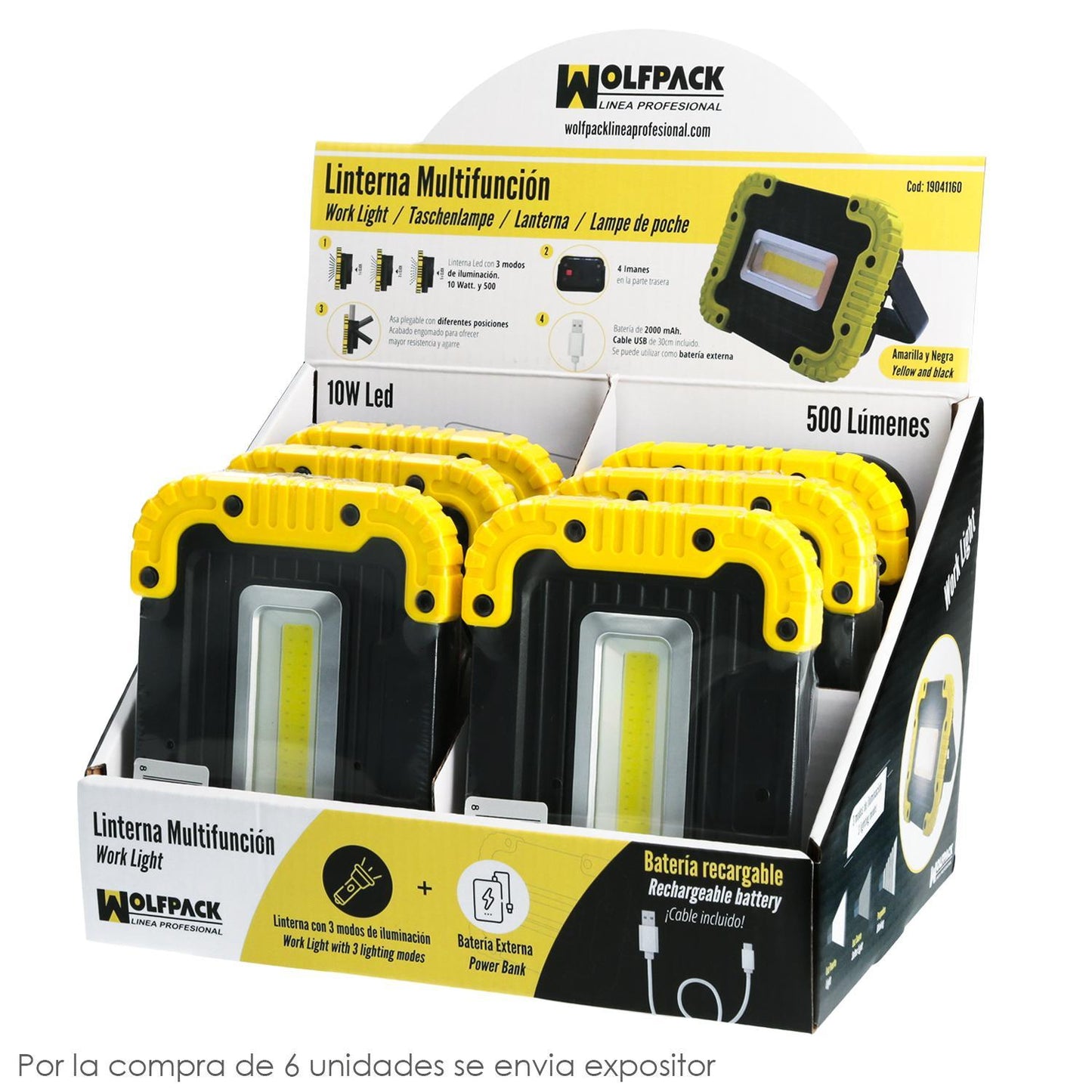 Linterna De Trabajo Led Multifunción Recargable 2.000 Mah. / 10 W. / 500 Lúmenes / 4 Imanes / Bateria Externa / Soporte 180º