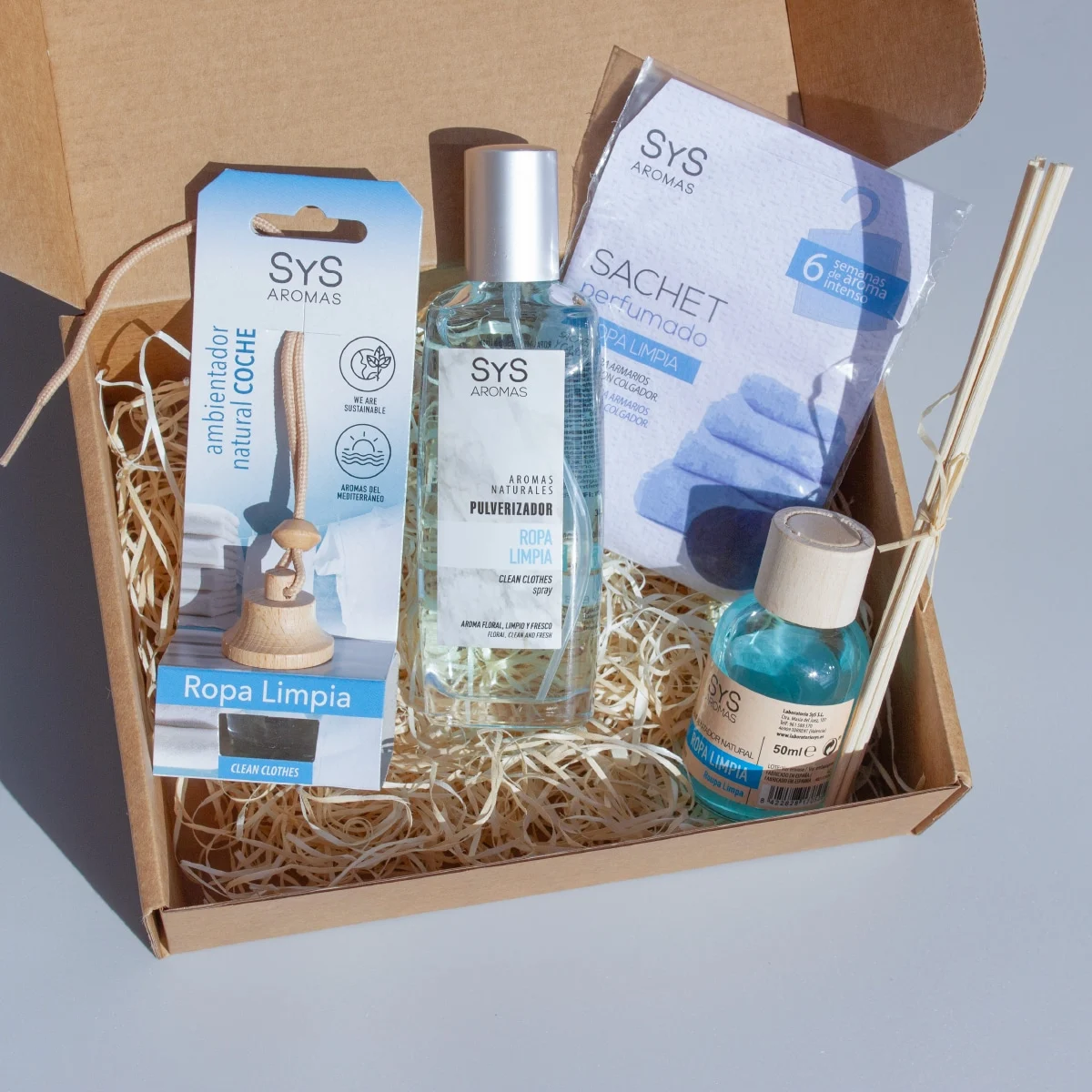 Pack Aroma Ropa Limpia SYS Aromas | Ambientador de Coche 7 ml, Pulverizador 100 ml, Mikado 50 ml y Sachet 12 g_2