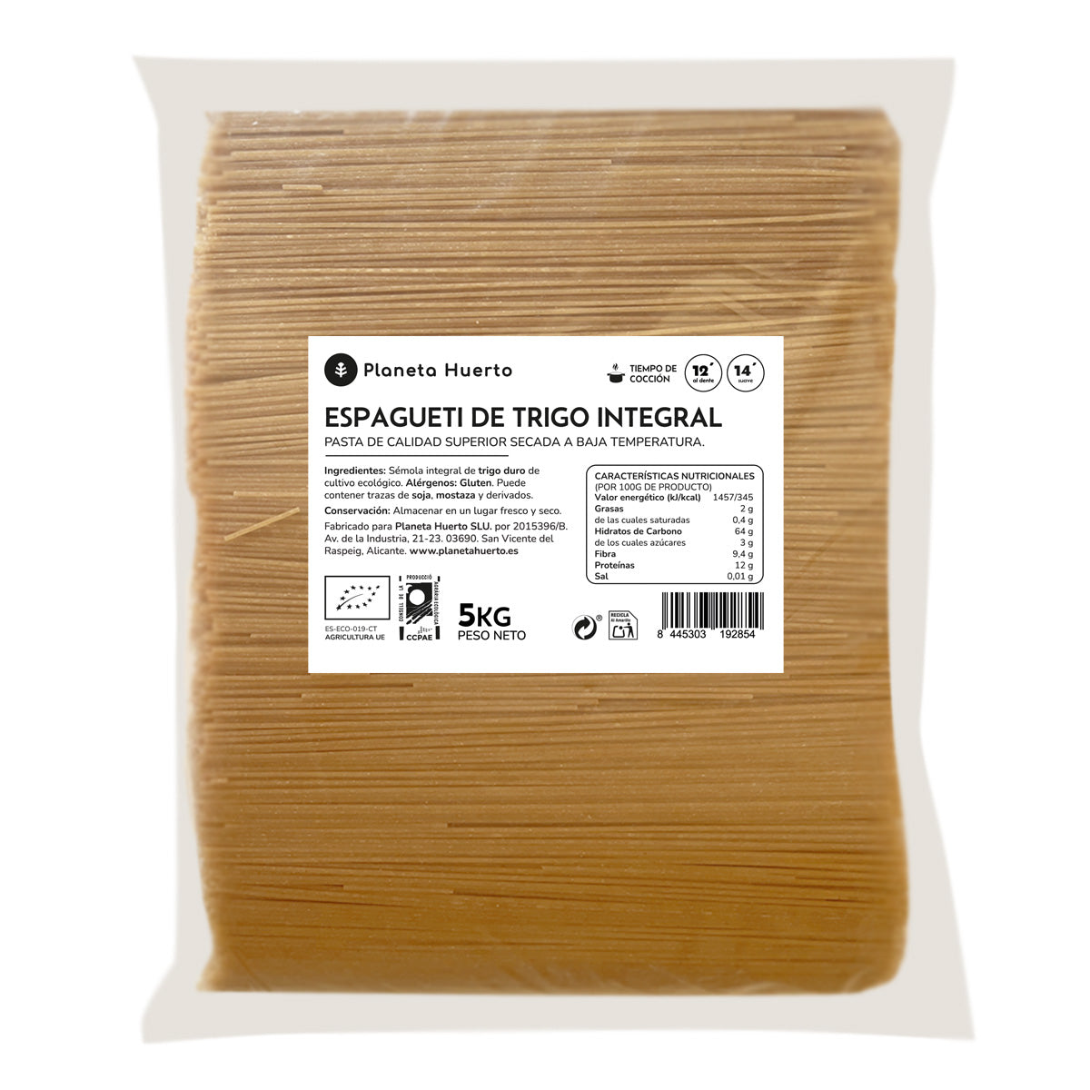 Espagueti de trigo integral ECO Planeta Huerto 5 Kg