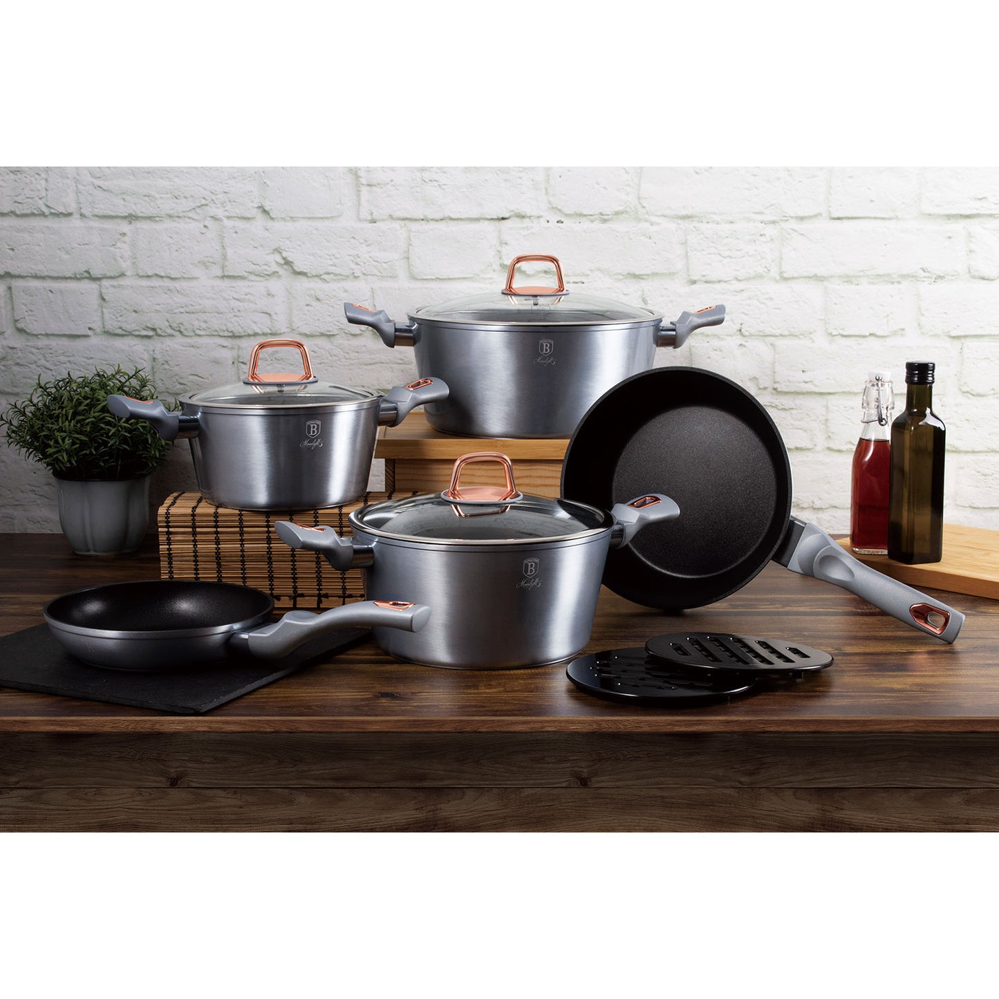 Batería Cocina Inducción 10 Piezas, Antiadherente Mármol Sin Pfoa, Aluminio, Cazuelas Sartenes Berlinger Haus Moonlight Gris