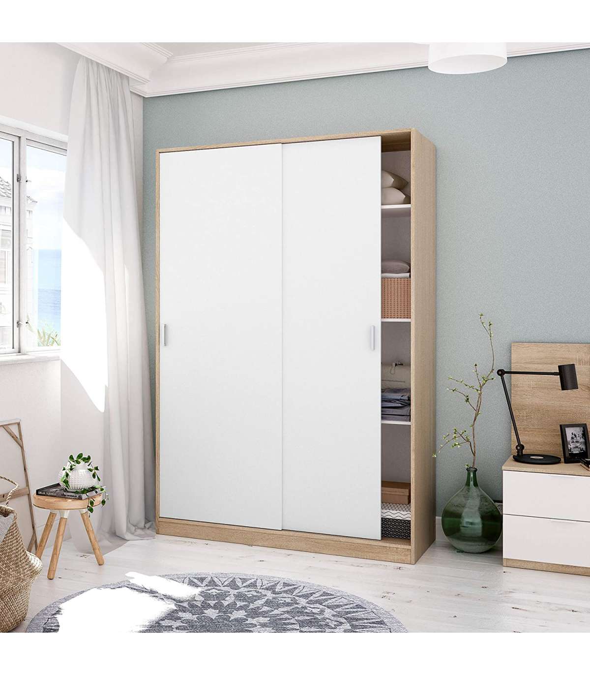 Armario Ropero Puertas Correderas Plus Noon Acabado Roble Combinado Con Blanco 200 Cm(alto_5