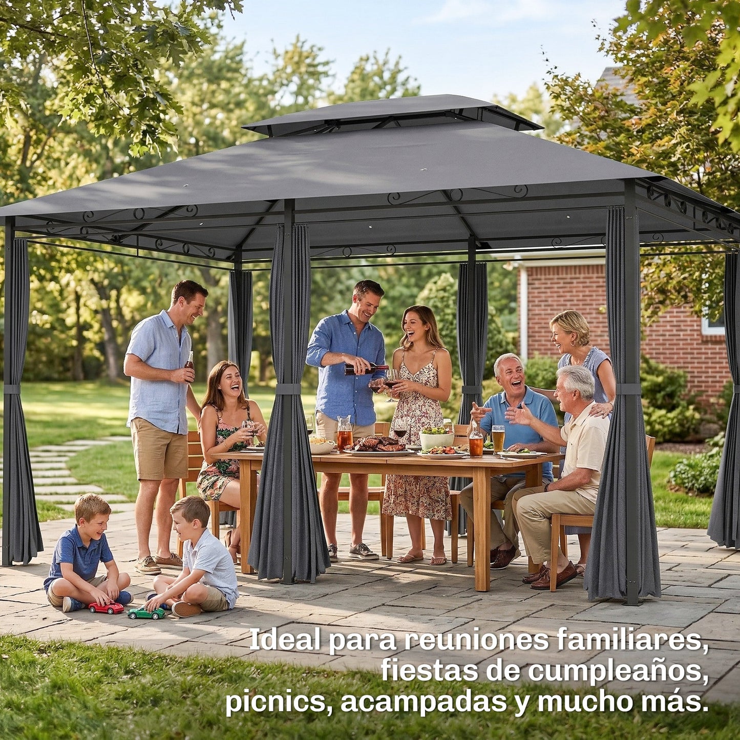 Outsunny Cenador Para Jardín 3x4 M Con Doble Techo Paredes Laterales Gris_5