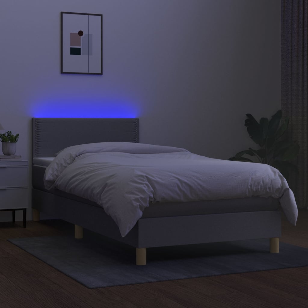 Cama Box Spring Con Colchón Tela Y Led Gris Claro 80x200 Cm / Vetonek_5