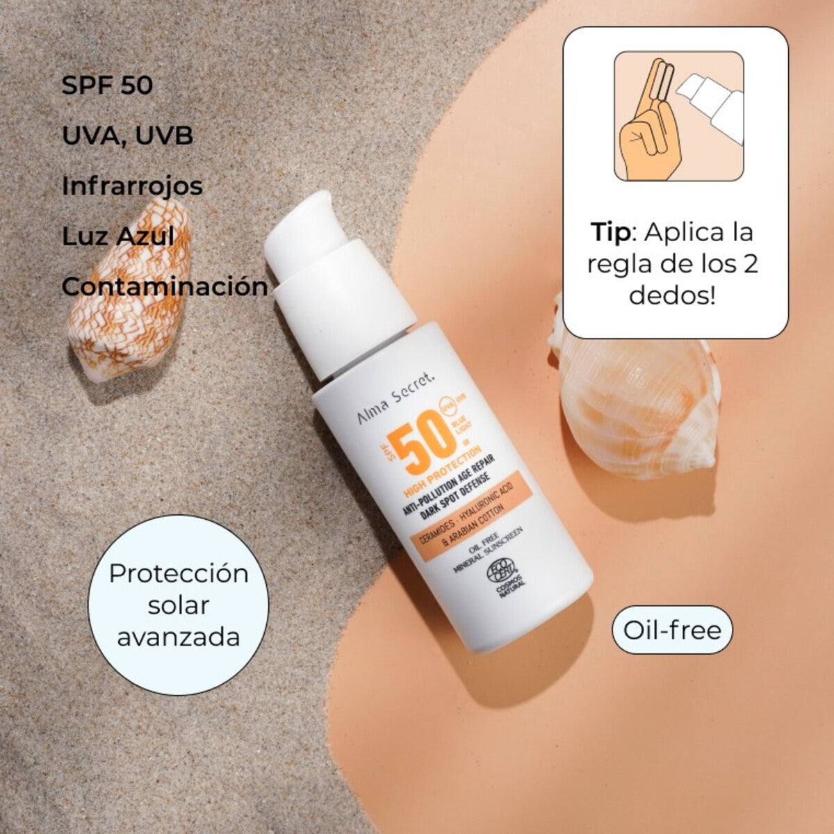 Solar Facial Golden SPF 50 con ceramidas, antimanchas y Oil-Free, Alma secret, 50 ml
