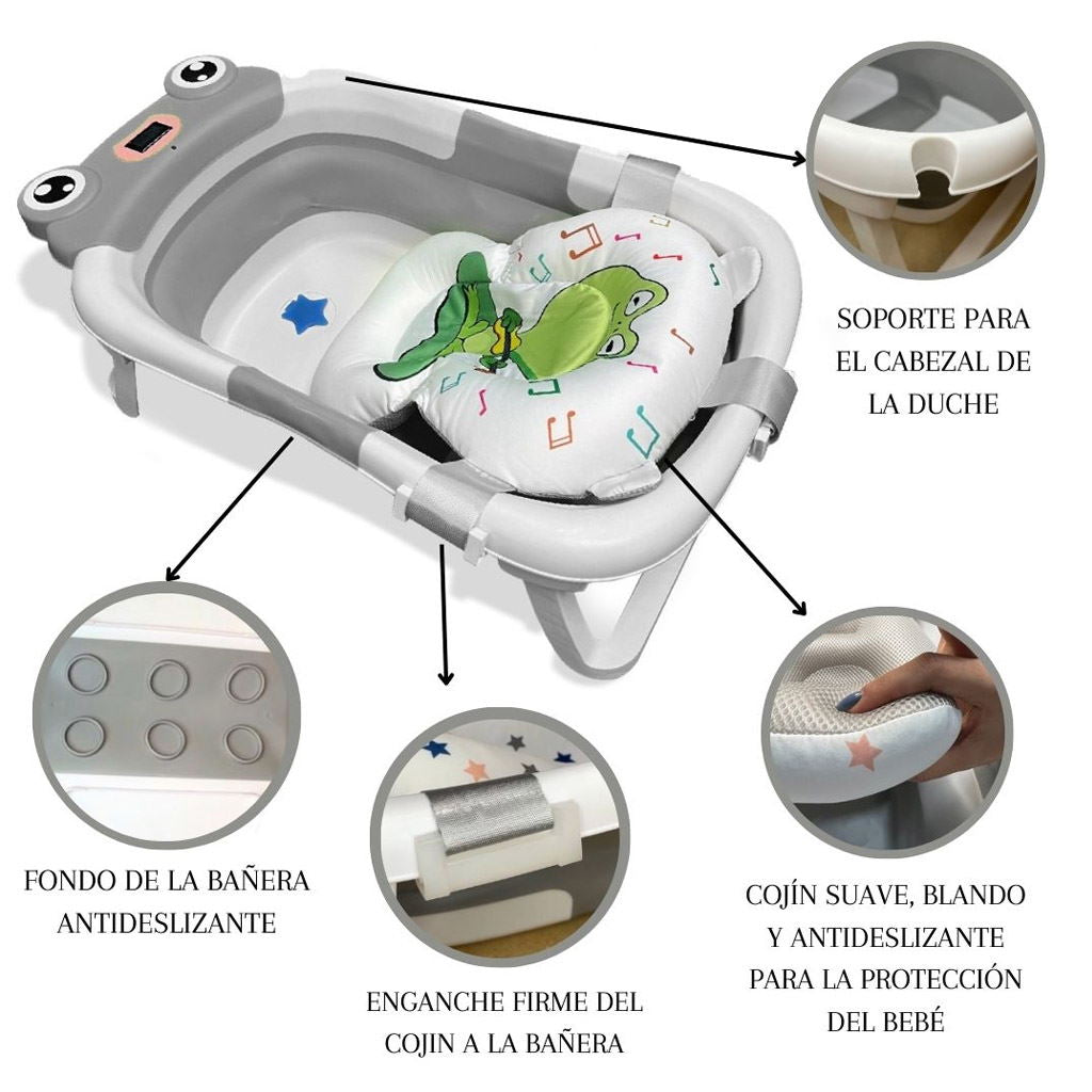 Bathby Bañera Plegable Para Bebés Recién Nacidos, Cojín Rana, Termómetro, Patas Antideslizantes (gris Rana)