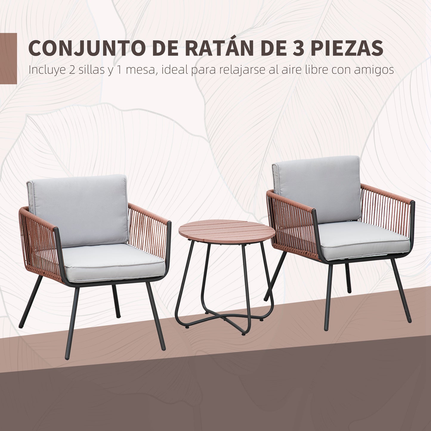 Outsunny Conjunto De Muebles De Jardín De Ratán Con 1 Mesa De Centro 2 Sillones_5