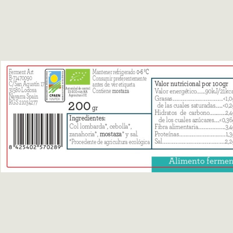Chucrut Lombarda Eco Sin Pasteurizar Ferment Art 200 Gr