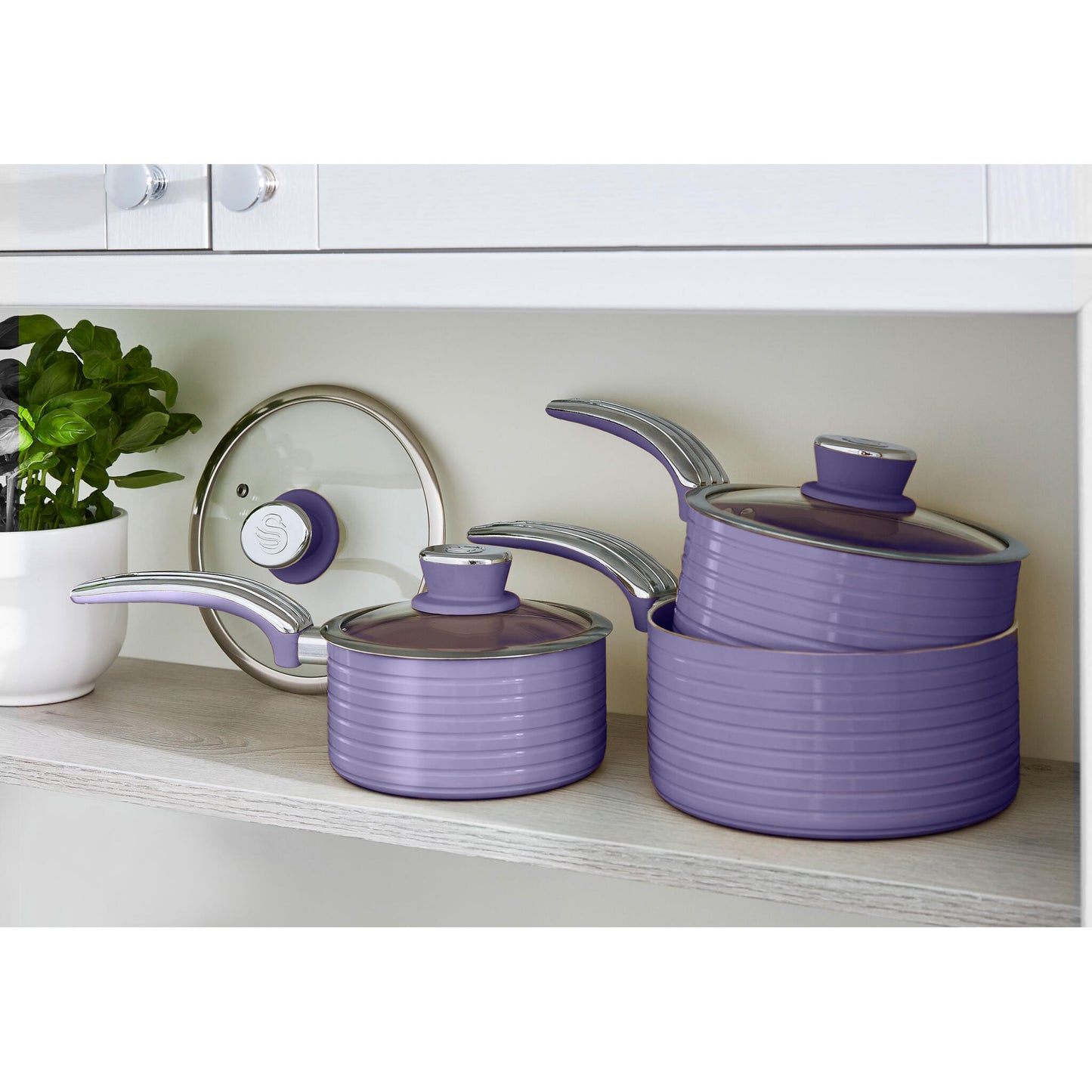 Batería Cocina Retro 3 Cazos 16-18-20cm, Tapas Vidrio, Inducción Antiadherente Cerámica Vintage Swan Swps3020purn Morado_2
