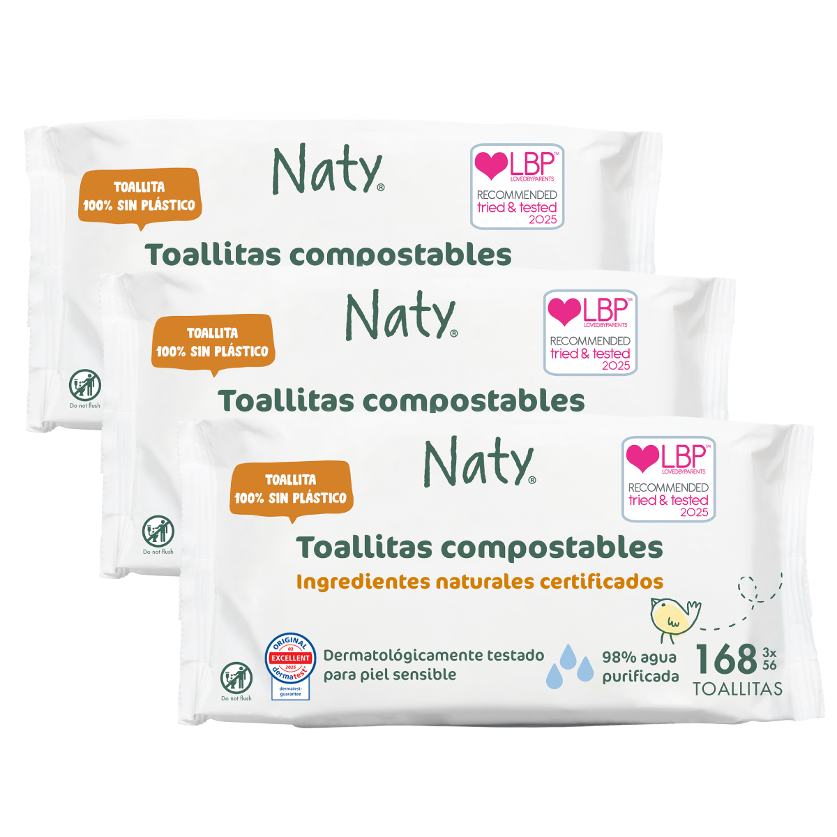 Pack 3 Paquetes de Toallitas compostables Naty 168 uds