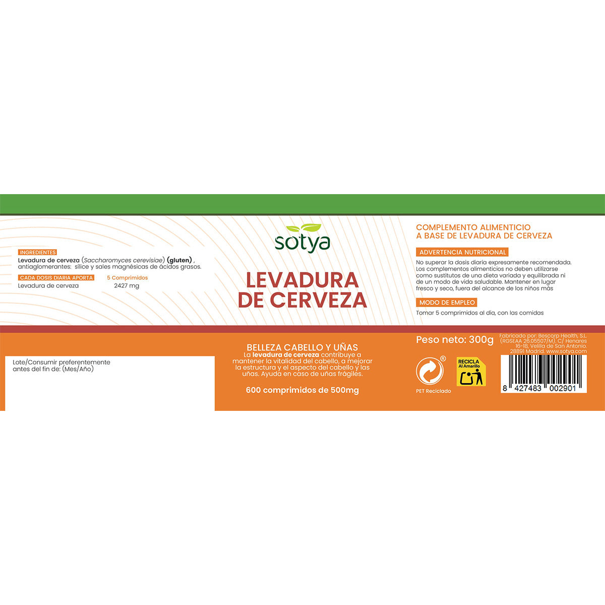 Levadura de cerveza Sotya 600 comprimidos 500 mg