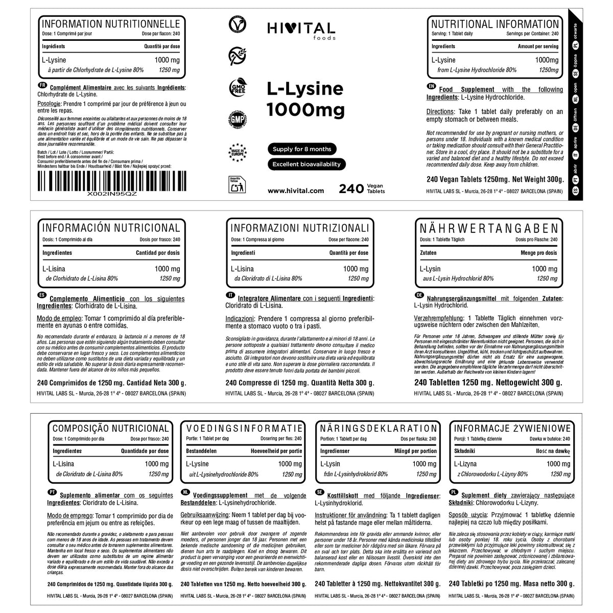 L-Lisina 1000 mg Hivital 240 comprimidos veganos
