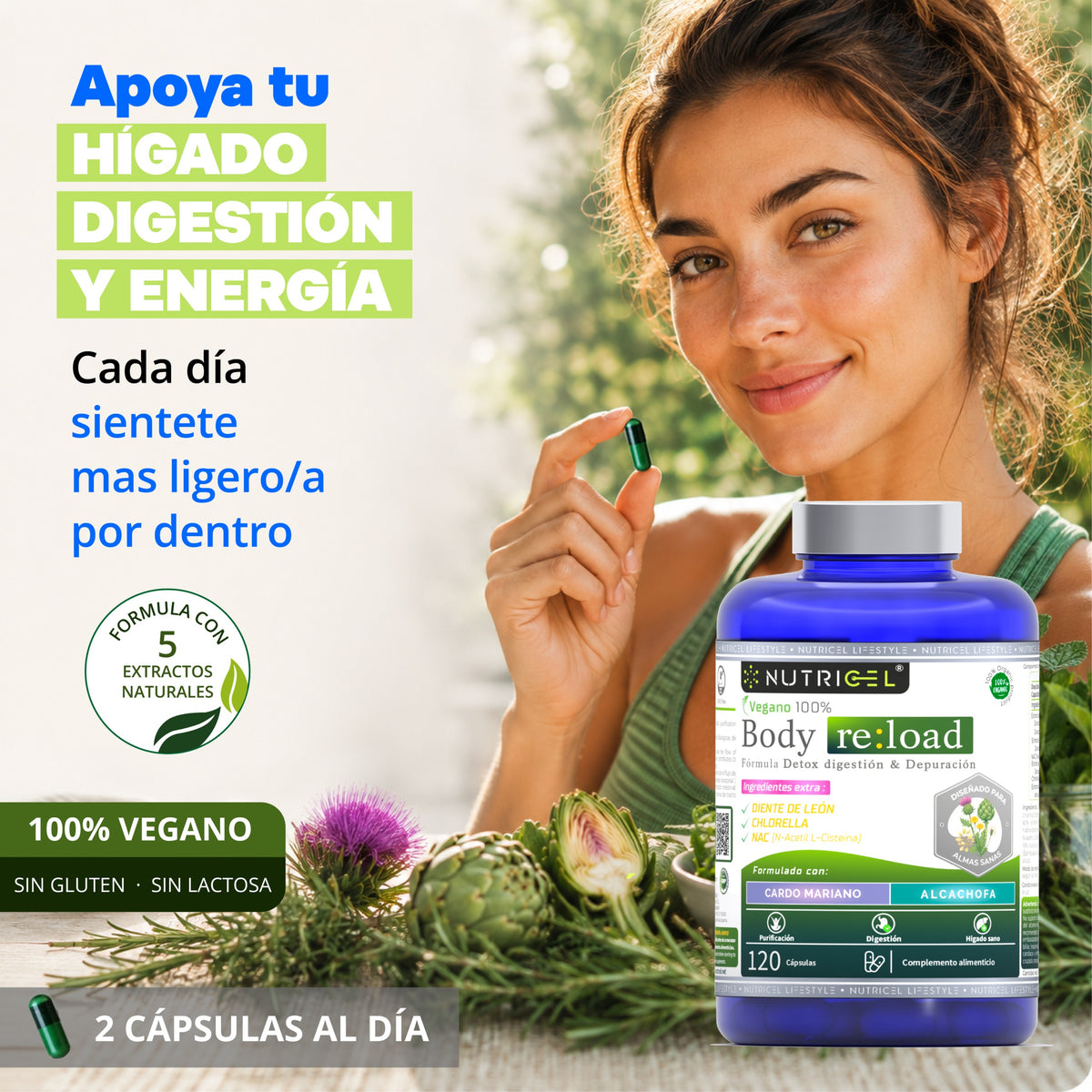 Body Reload Cardo Mariano 80% Silimarina + NAC + Alcachofa Nutricel 120 cápsulas