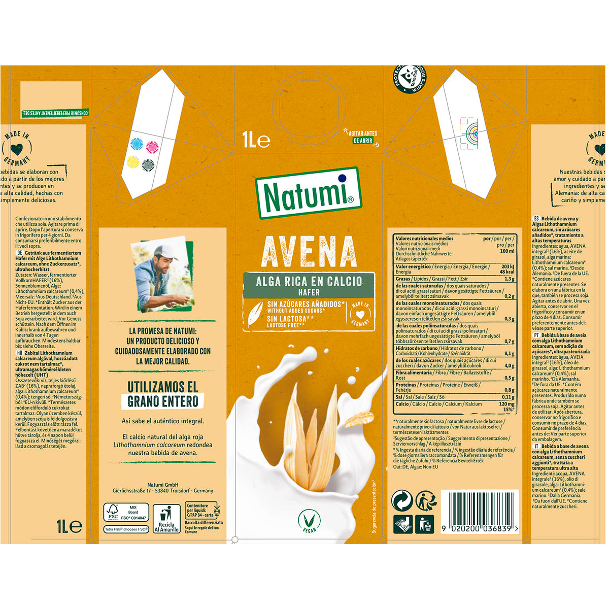 Pack 6 uds Bebida Avena Rica en Calcio Natumi 1 L