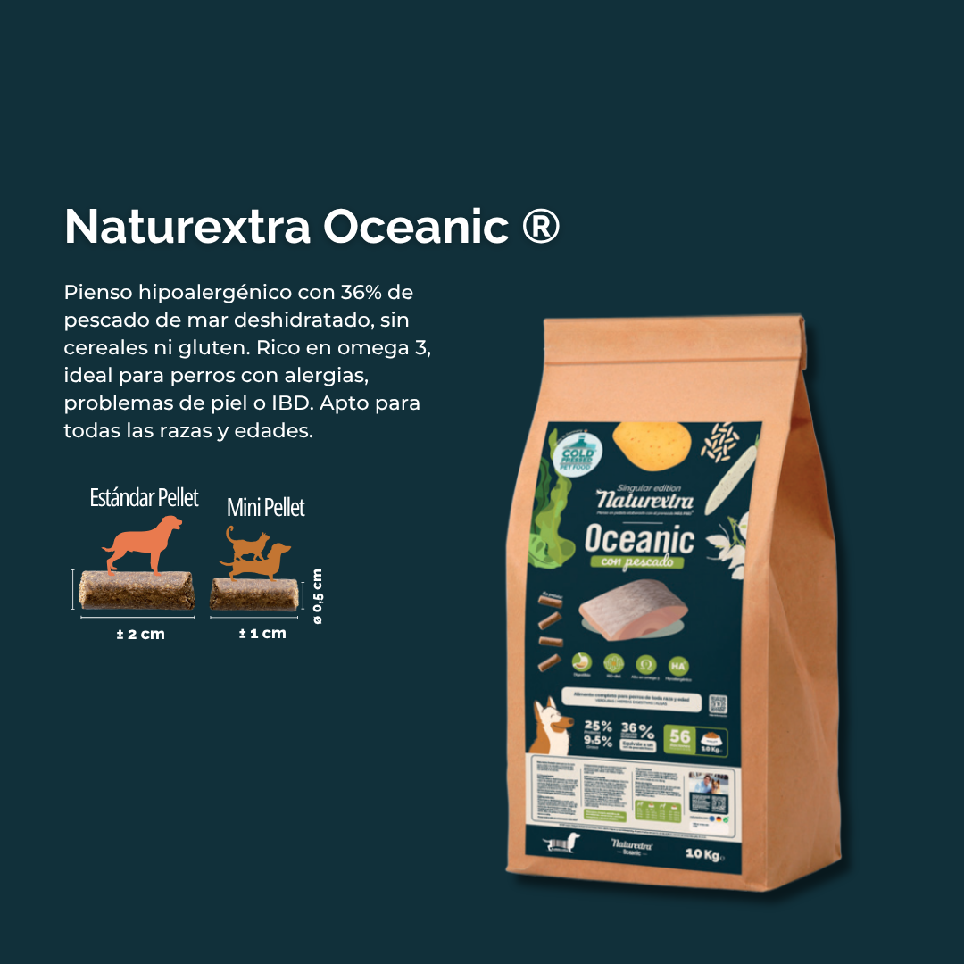 Pienso prensado en frío en Pellets Mini Oceanic para perros con pescado blanco 600 g NaturExtra