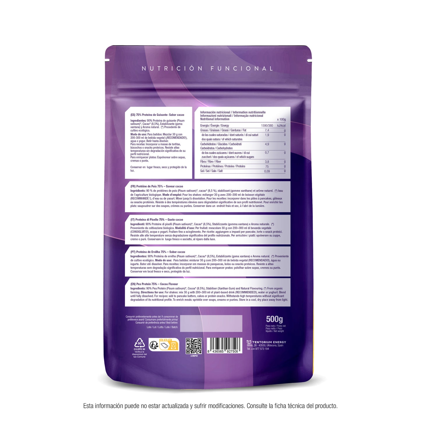 Proteína de guisante sabor cacao eco Energy Feelings 500 g XL Pack