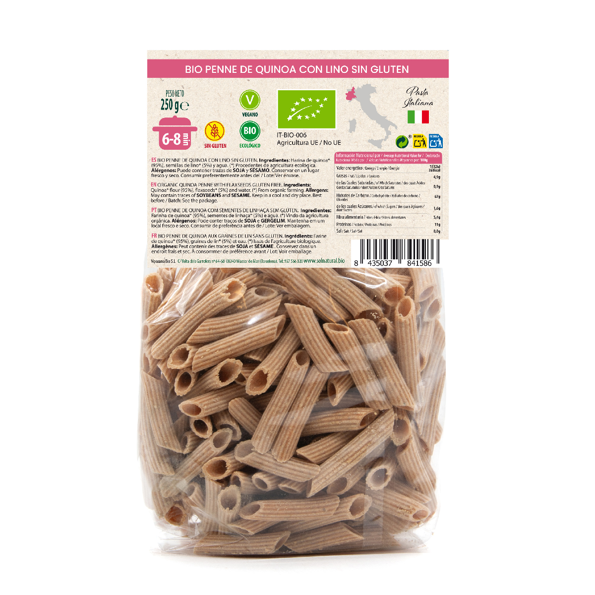 Macarrones de Quinoa con Lino bio Sin Gluten Sol Natural 250 g