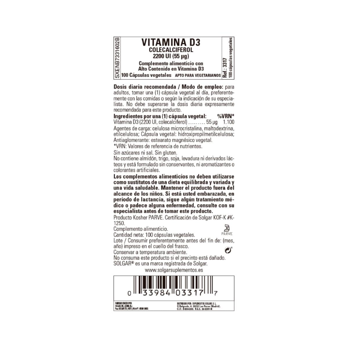 Pack 2x Vitamina D3  2200 UI, Solgar, 50 cápsulas vegetales
