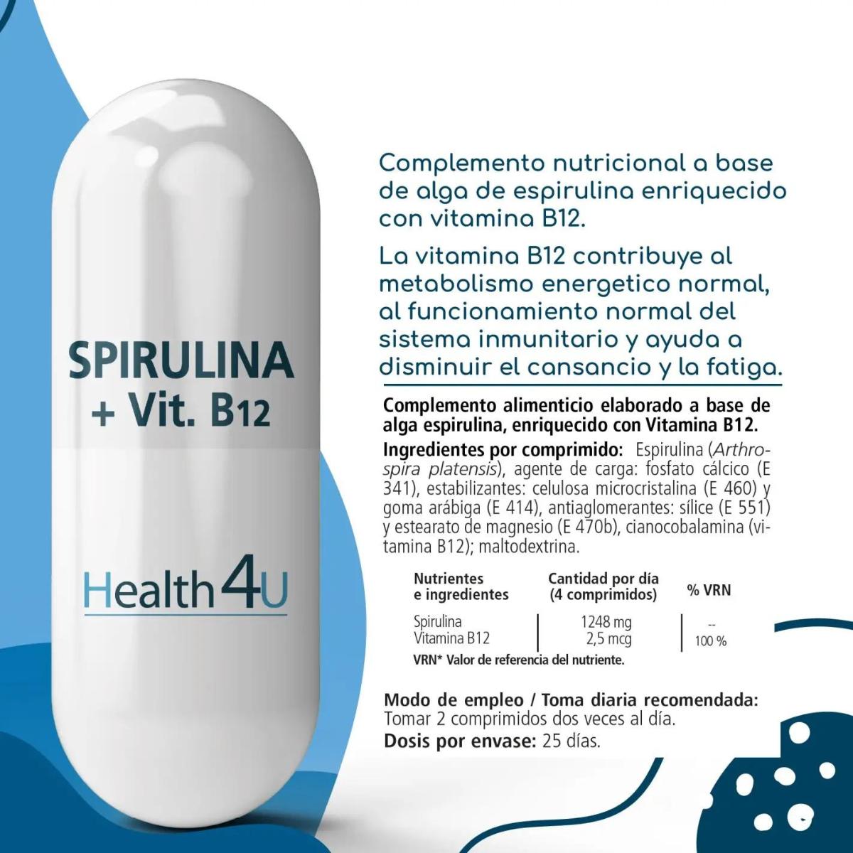 H4U Spirulina + Vitamina B12 100 comprimidos 400 mg