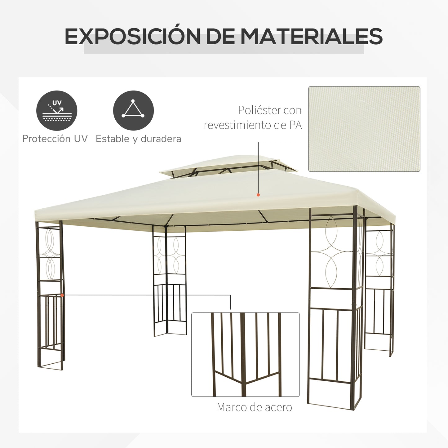 Outsunny Cenador De Jardín 4x3 M Pabellón De Jardín Con Doble Techo Crema_5
