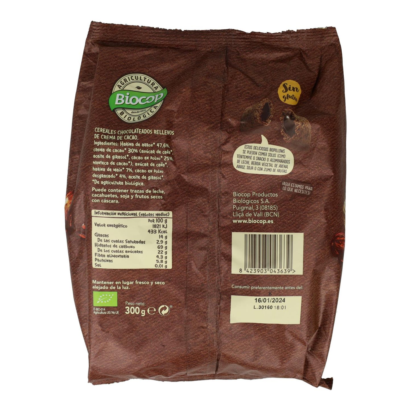 Biopillows Cereales rellenos de Chocolate Negro sin gluten Biocop 300 g