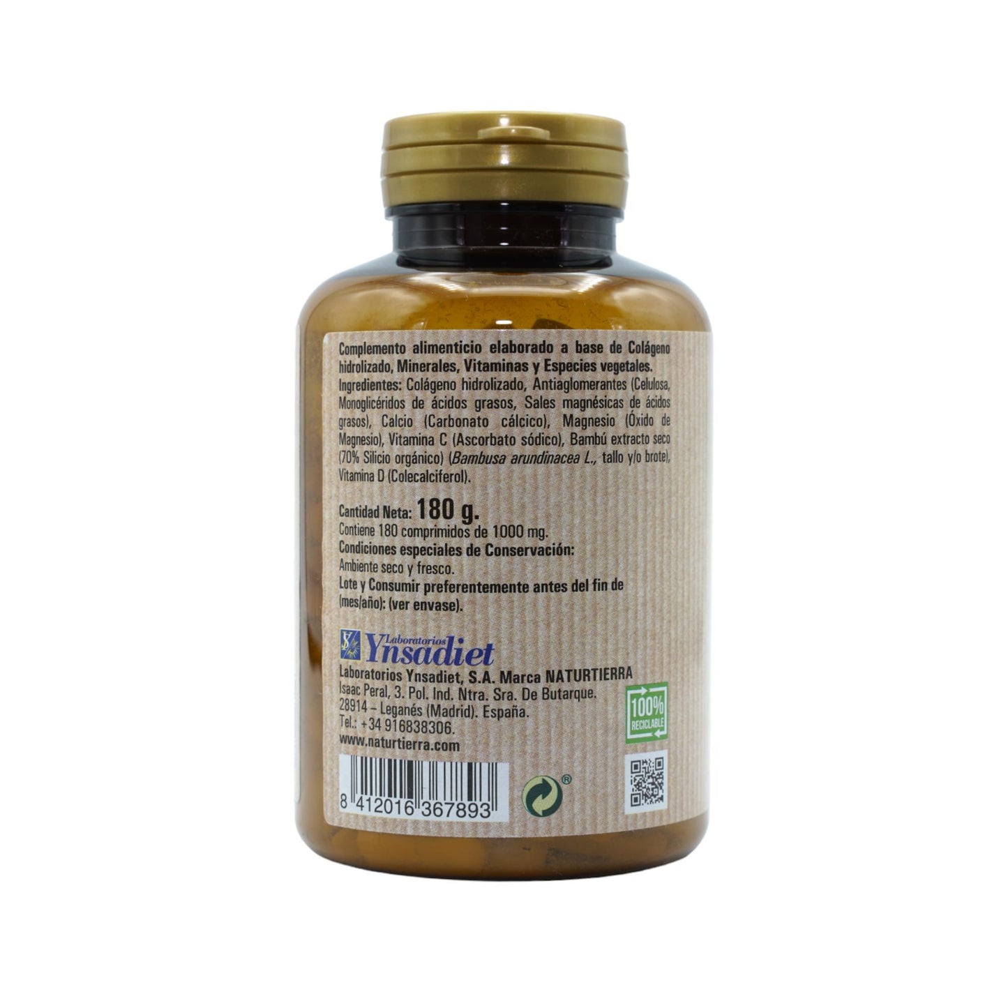 Colágeno con magnesio + Silicio orgánico + Vitamina C y D, 180 comprimidos. NaturTierra