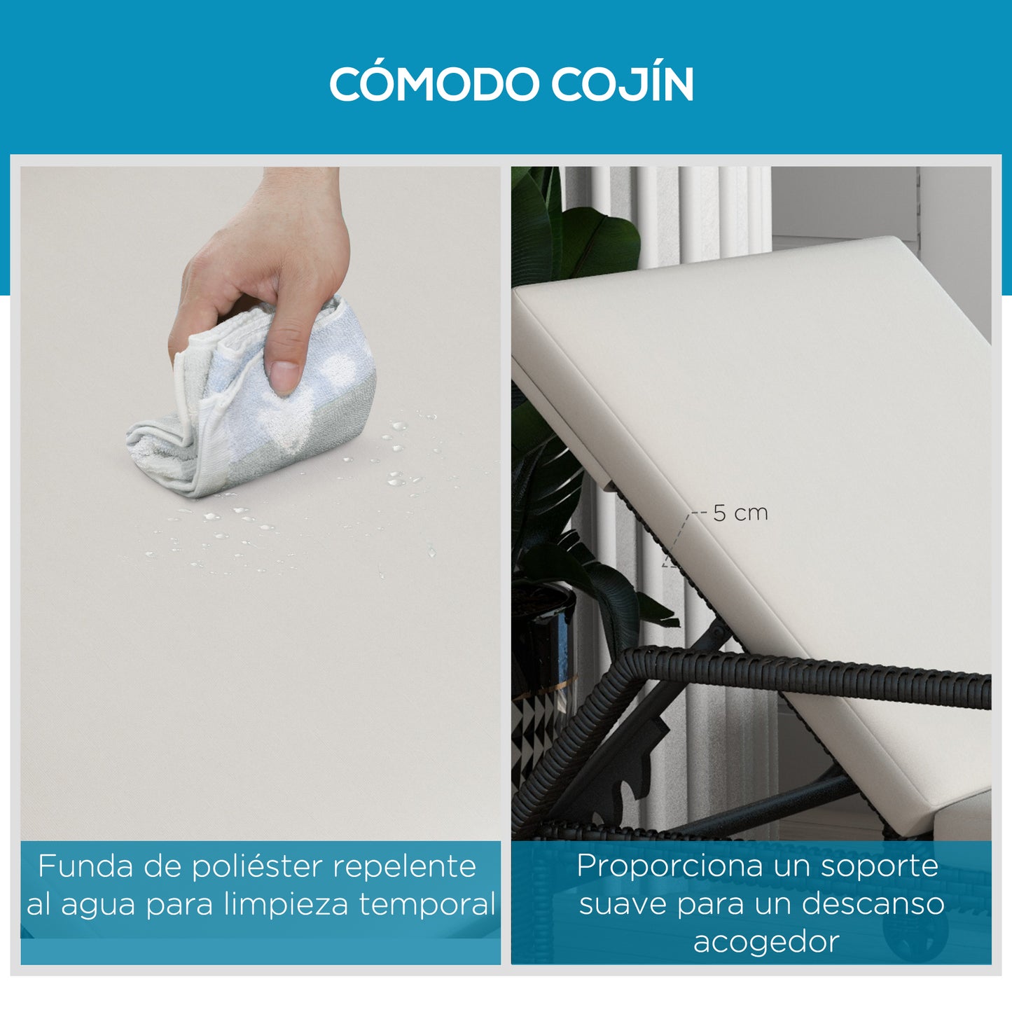 Outsunny Tumbona De Ratán Con Respaldo Ajustable 73x200x48cm Crema Y Negro_5