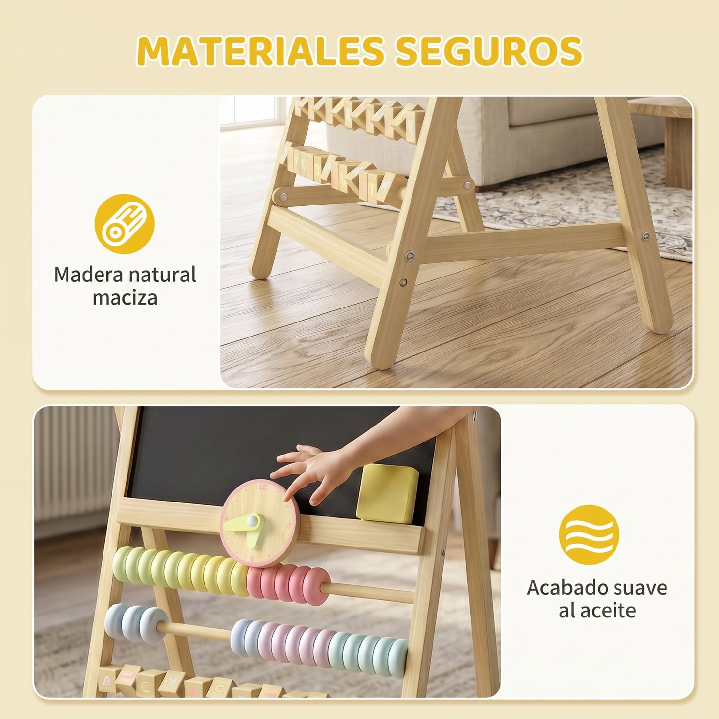 Aiyaplay Pizarra Infantil Caballete Con Reloj Ábaco Y Borrador Madera Natural_5