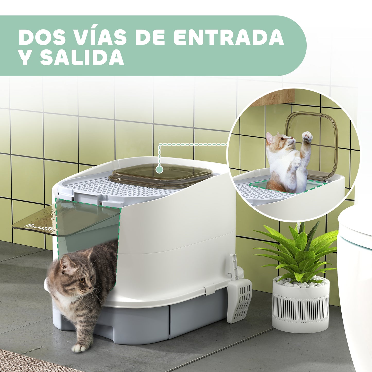 Pawhut Arenero Para Gatos Cubierto Con Bandeja Extraíble Y Pala Blanco Y Gris_5