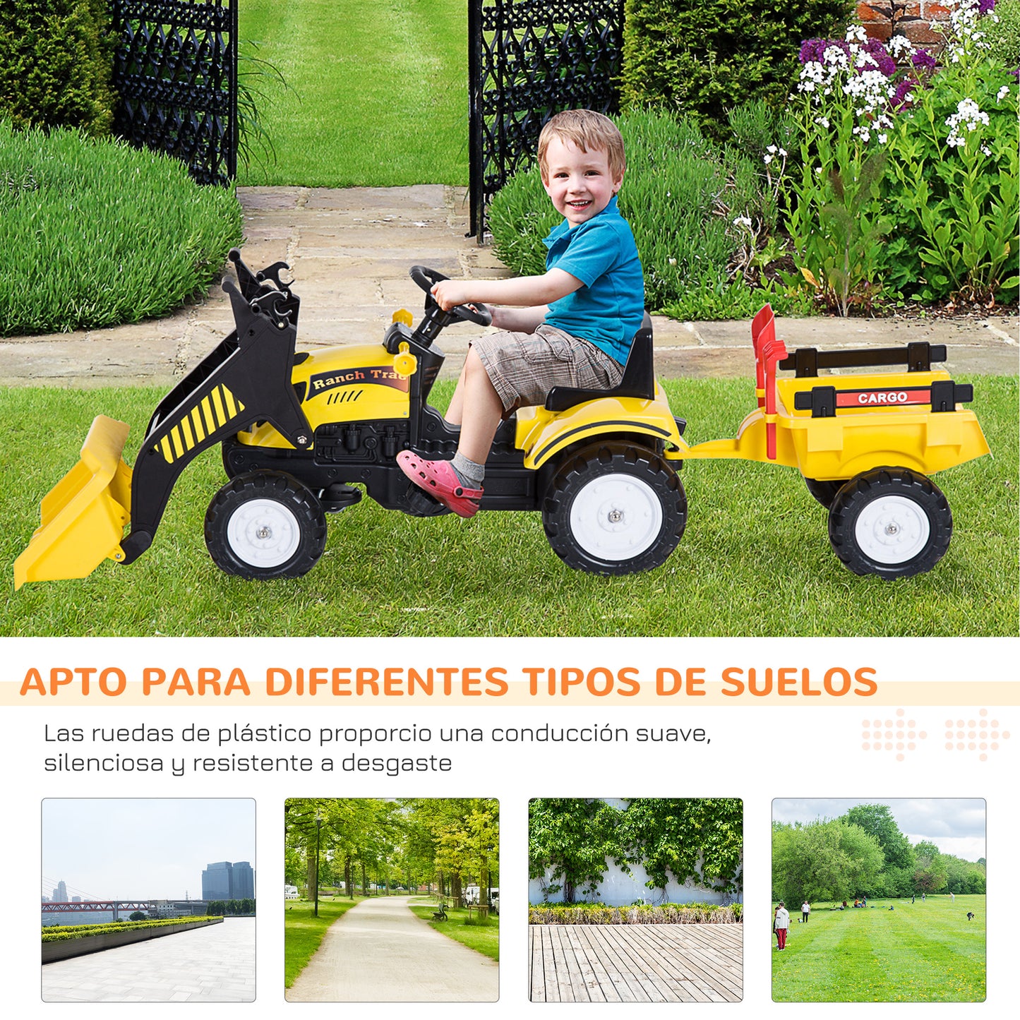 Homcom Tractor Pedales Excavadora Niño Con Pala Frontal Remolque 3 Años Carga 35_5