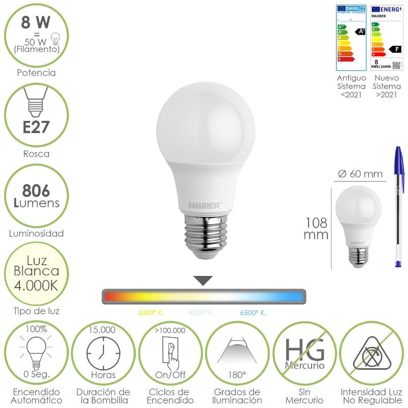 Bombilla Led Estandar Rosca E27. 8 Watt. Equivale A 65 Watt. 806 Lumenes. Luz Neutra (4000º K.)_0
