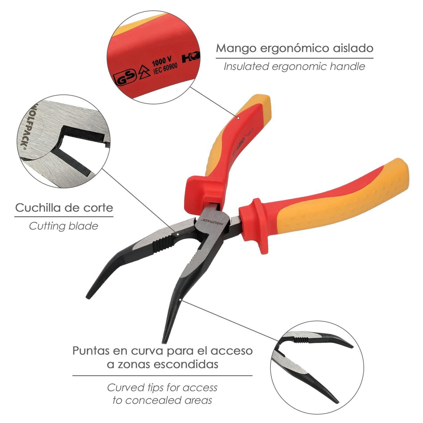 Alicates Boca Curva 200 Mm. Mangos Aislados Acero Cromo Vanadio Pelacables, Corta Cables, Pelador Cables