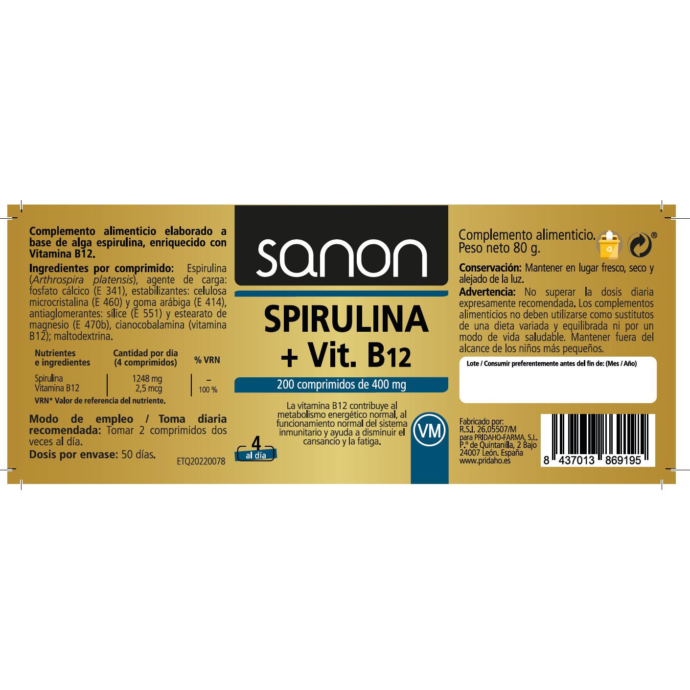 Spirulina +vitamina B12 SANON 200 comprimidos de 400 mg