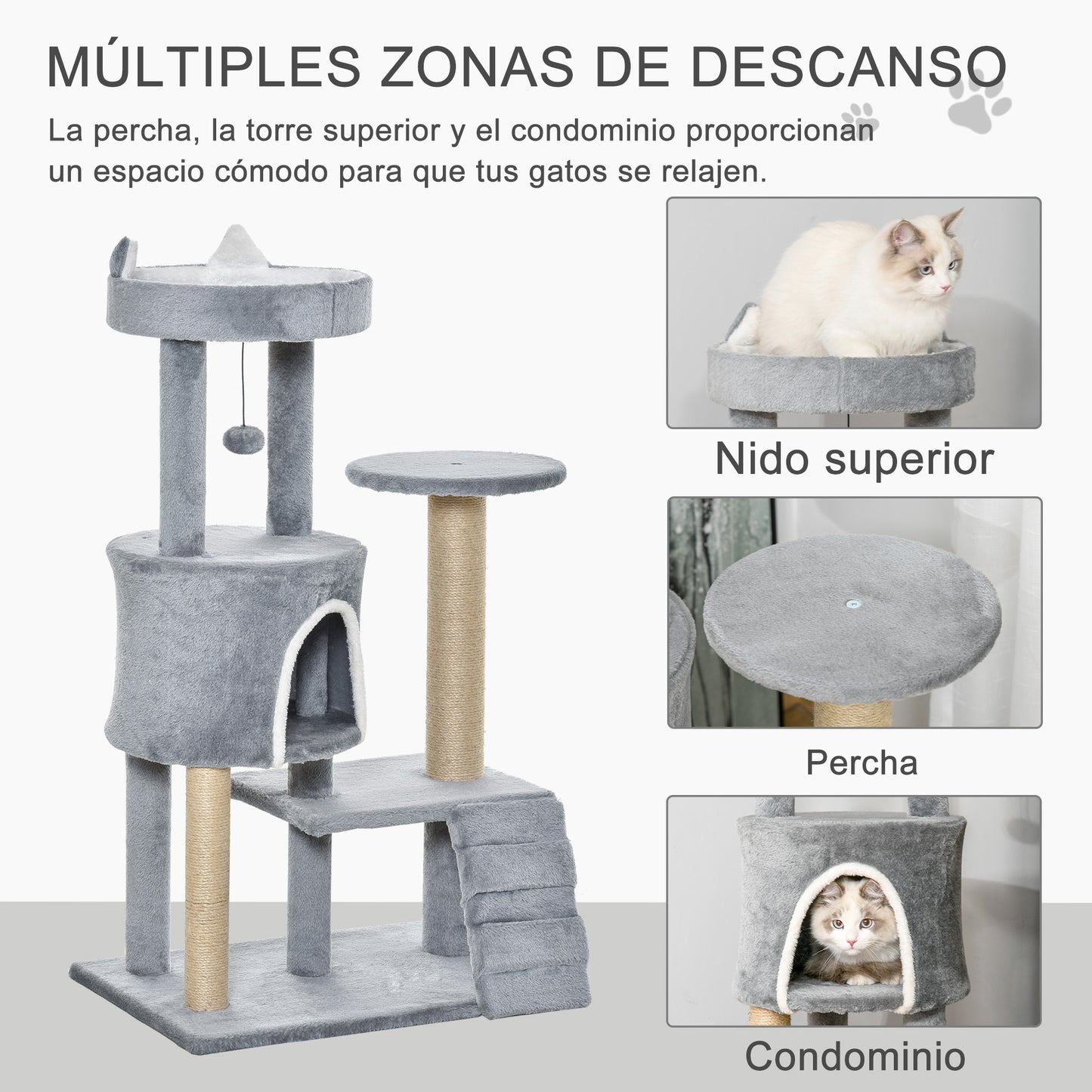 Pawhut Árbol Rascador Para Gatos Mediano De 5 Niveles Gris_5