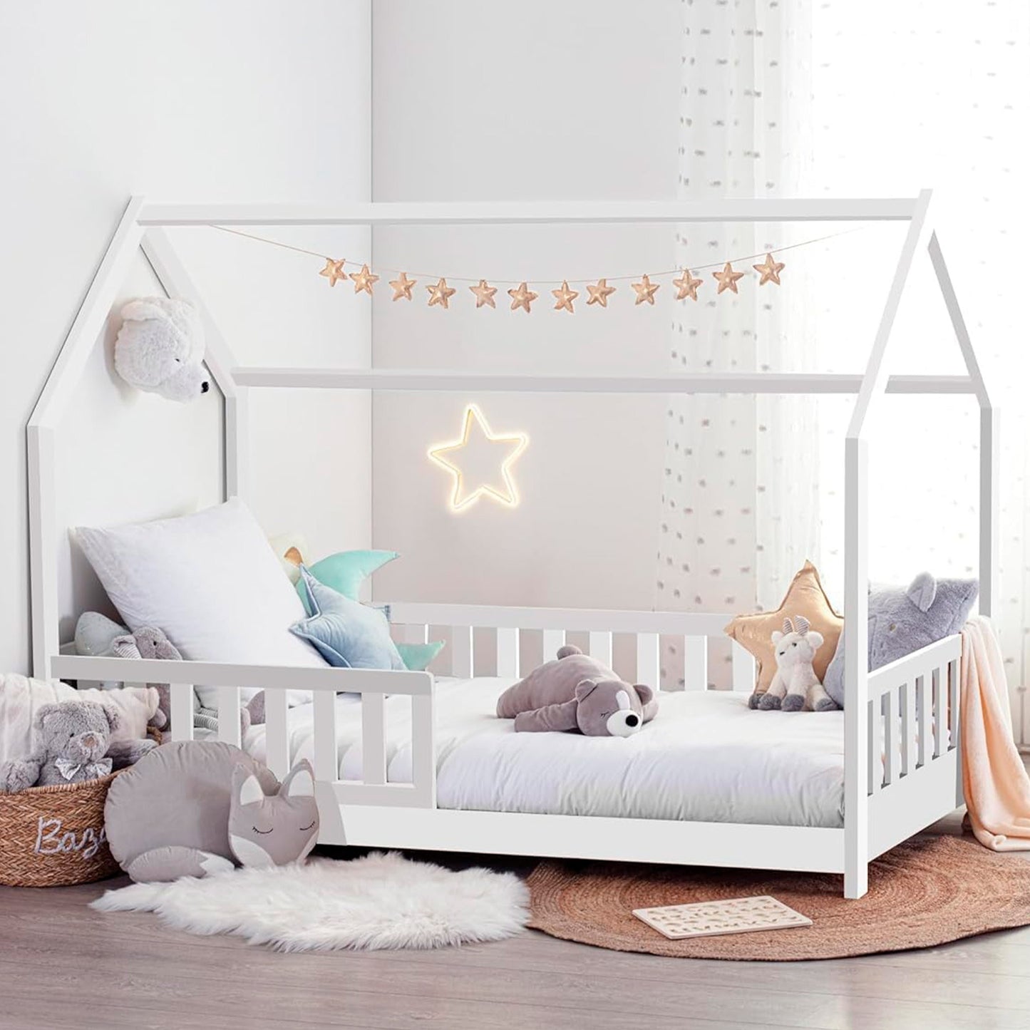 Cama Infantil Modelo Cabaña De Pino Lacada En Blanco 90x190cm_4
