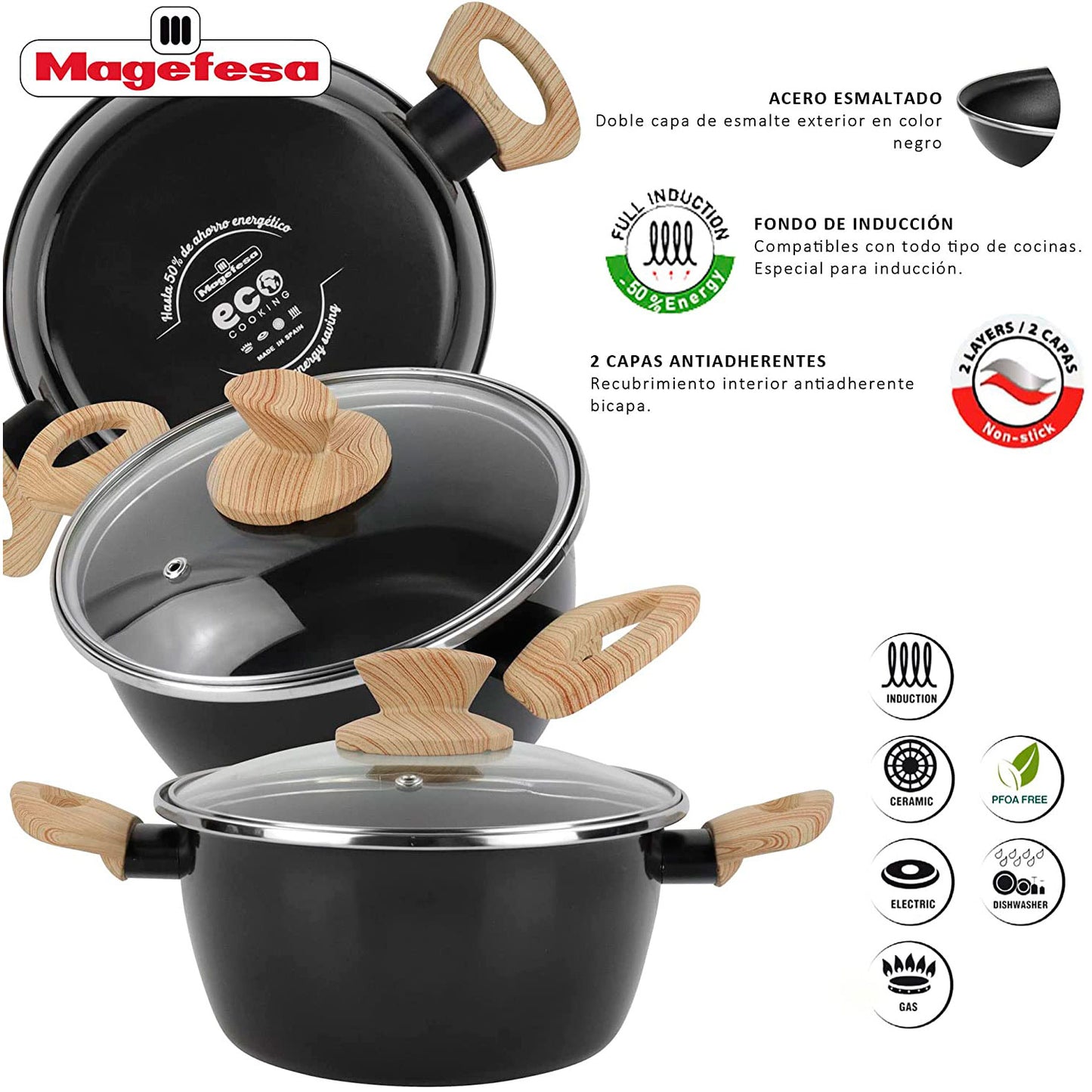 Batería Cocina Inducción 6 Piezas, Antiadherente Libre Pfoa, Exterior Negro Asas Efecto Madera Magefesa Orbe, Negro