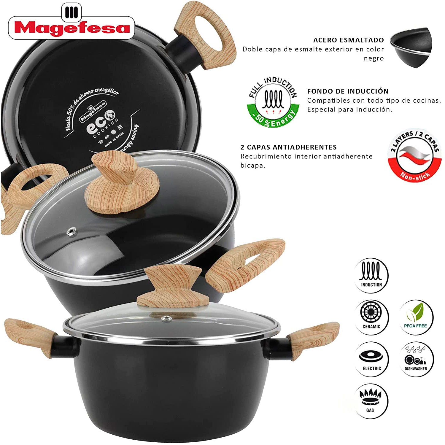 Batería Cocina Inducción 6 Piezas, Antiadherente Libre Pfoa, Exterior Negro Asas Efecto Madera Magefesa Orbe, Negro