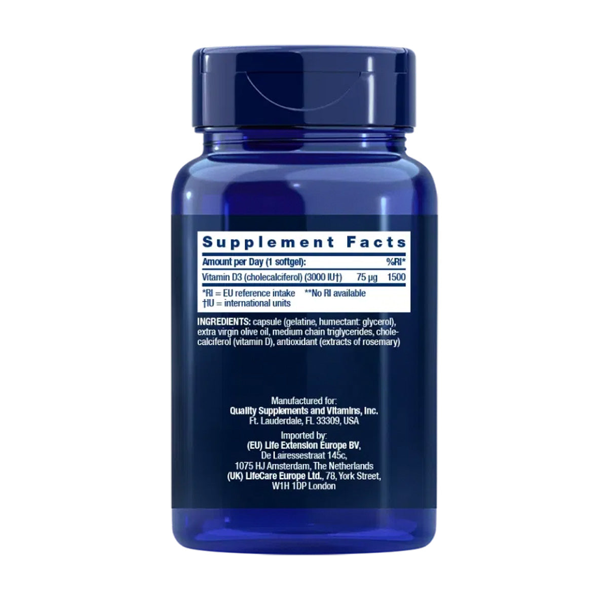 Vitamin D3 3.000 IU, Life Extension 120 perlas