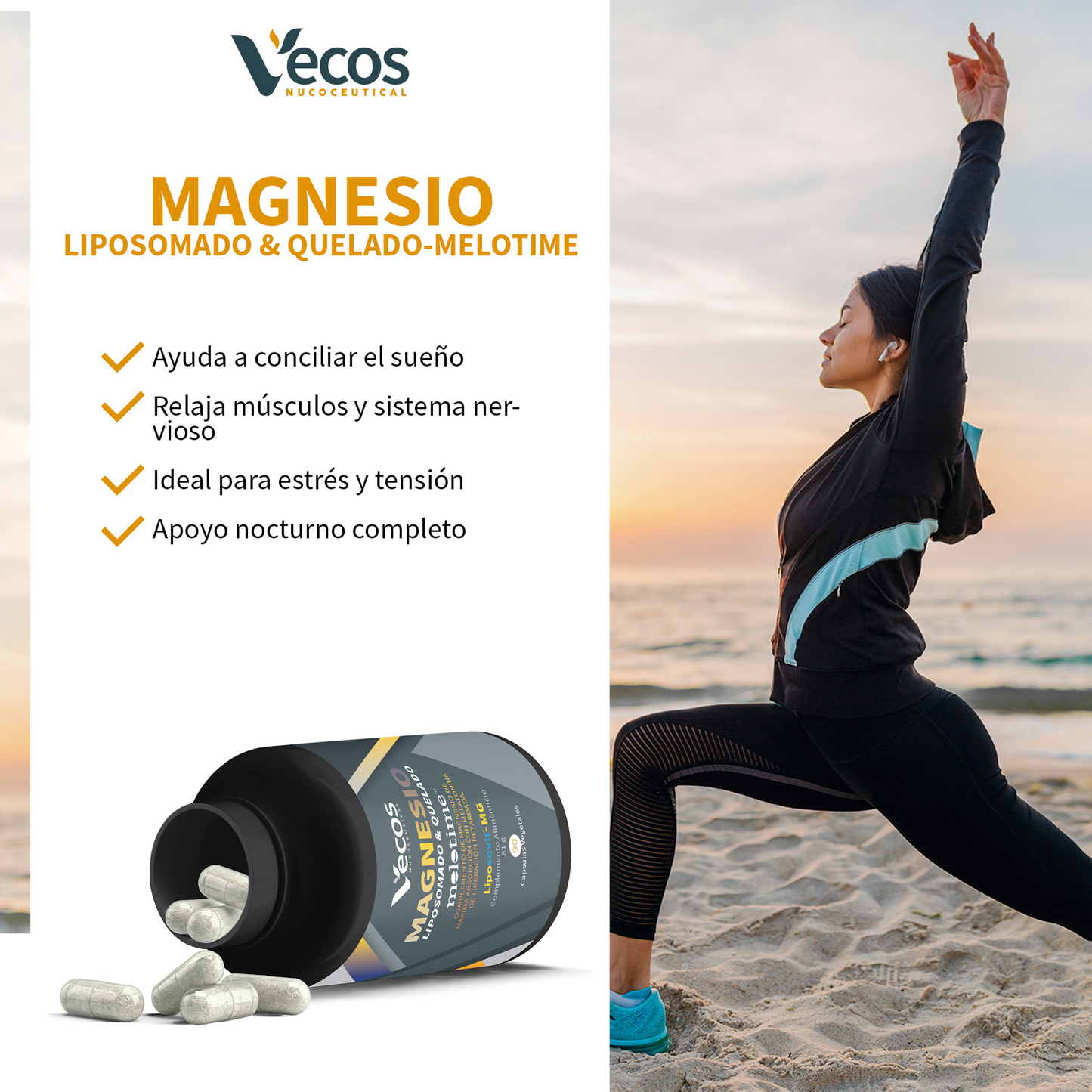 Magnesio Liposomado + Bisglicinato Vecos 90 Cápsulas | Sueño Potente Y Duradero | Melatonina De Liberación Prolongada_3