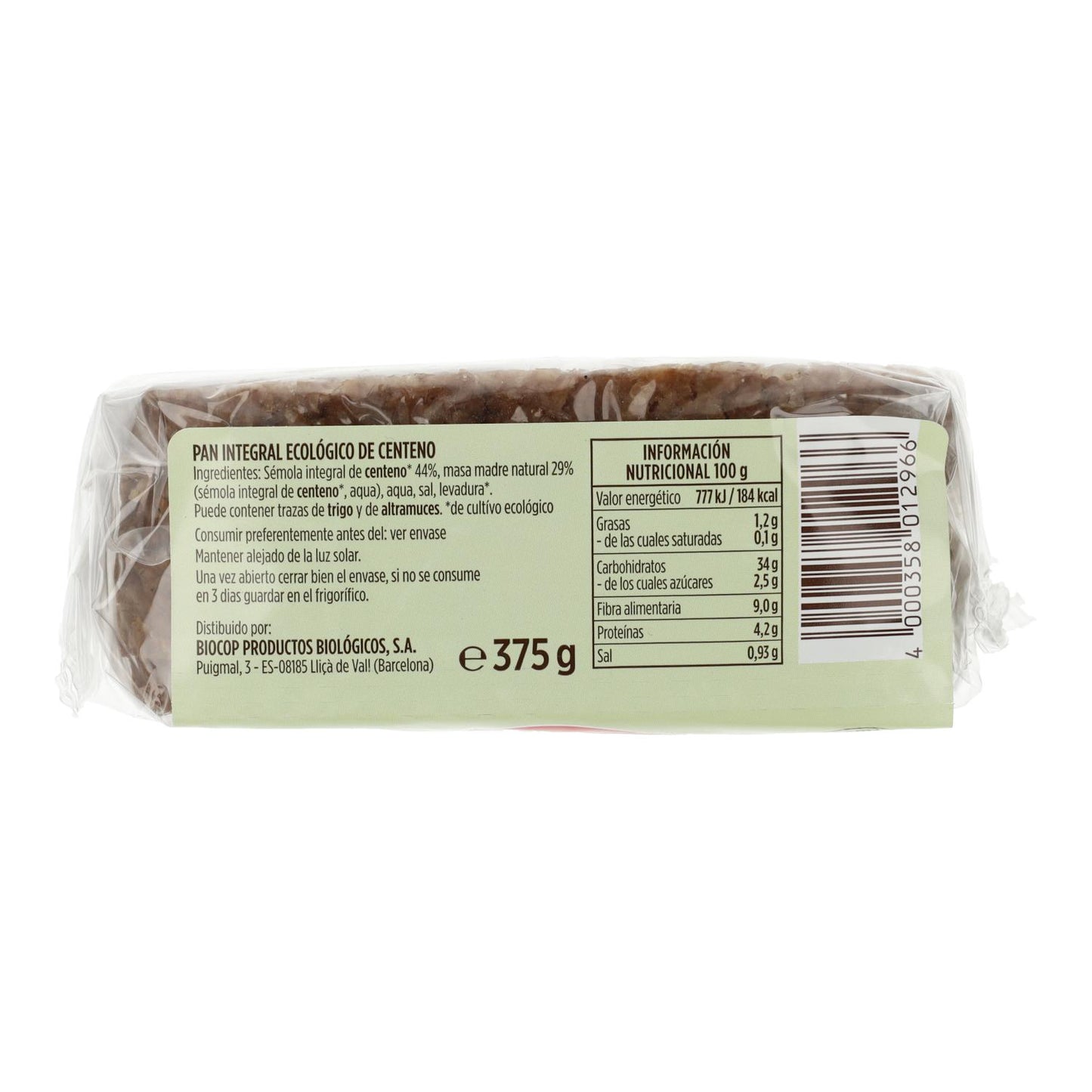 Pan de Centeno Integral Ecológico Pema 375 g
