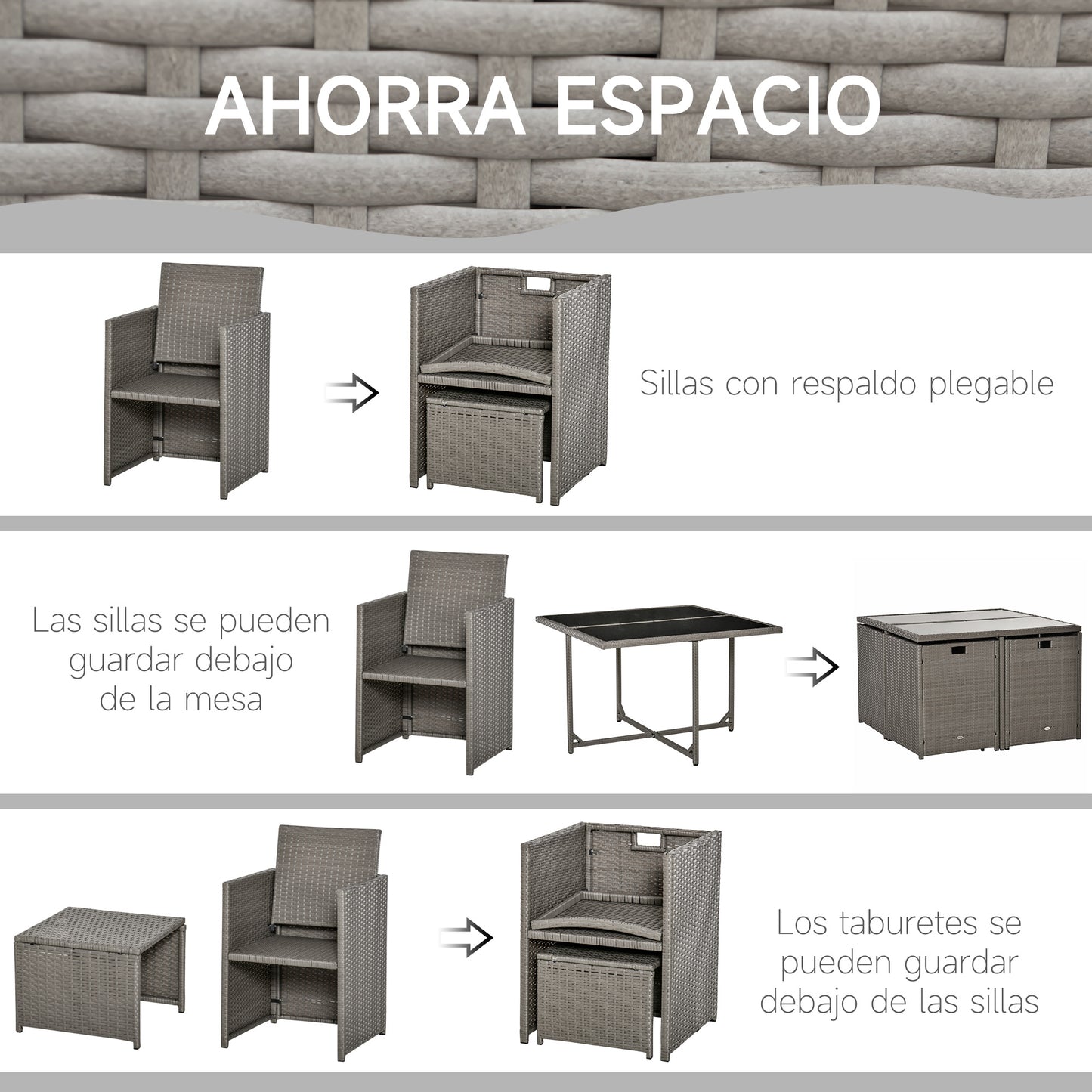 Outsunny Conjunto De Muebles De Jardín 9 Piezas De Ratán Comedor Apilables Gris_5